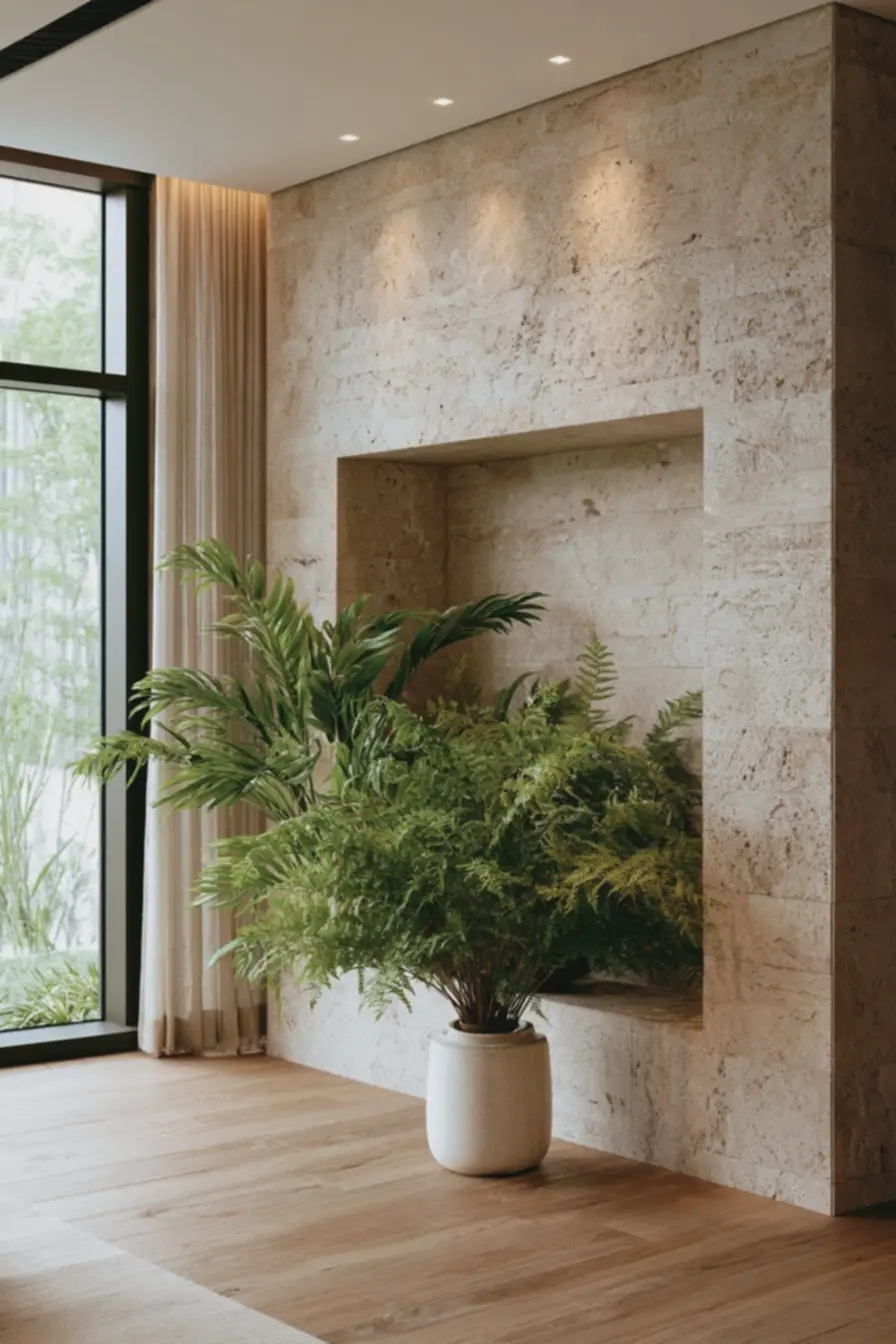 sala-de-estar-decorada-com-parede-de-pedra-natural-de-calcario-e-samambaia-emnicho-lateral Ambientes que surpreendem: a harmonia inesperada entre pedra natural e plantas no décor moderno sala-de-estar-decorada-com-parede-de-pedra-natural-de-calcario-e-samambaia-emnicho-lateral Ambientes que surpreendem: a harmonia inesperada entre pedra natural e plantas no décor moderno
