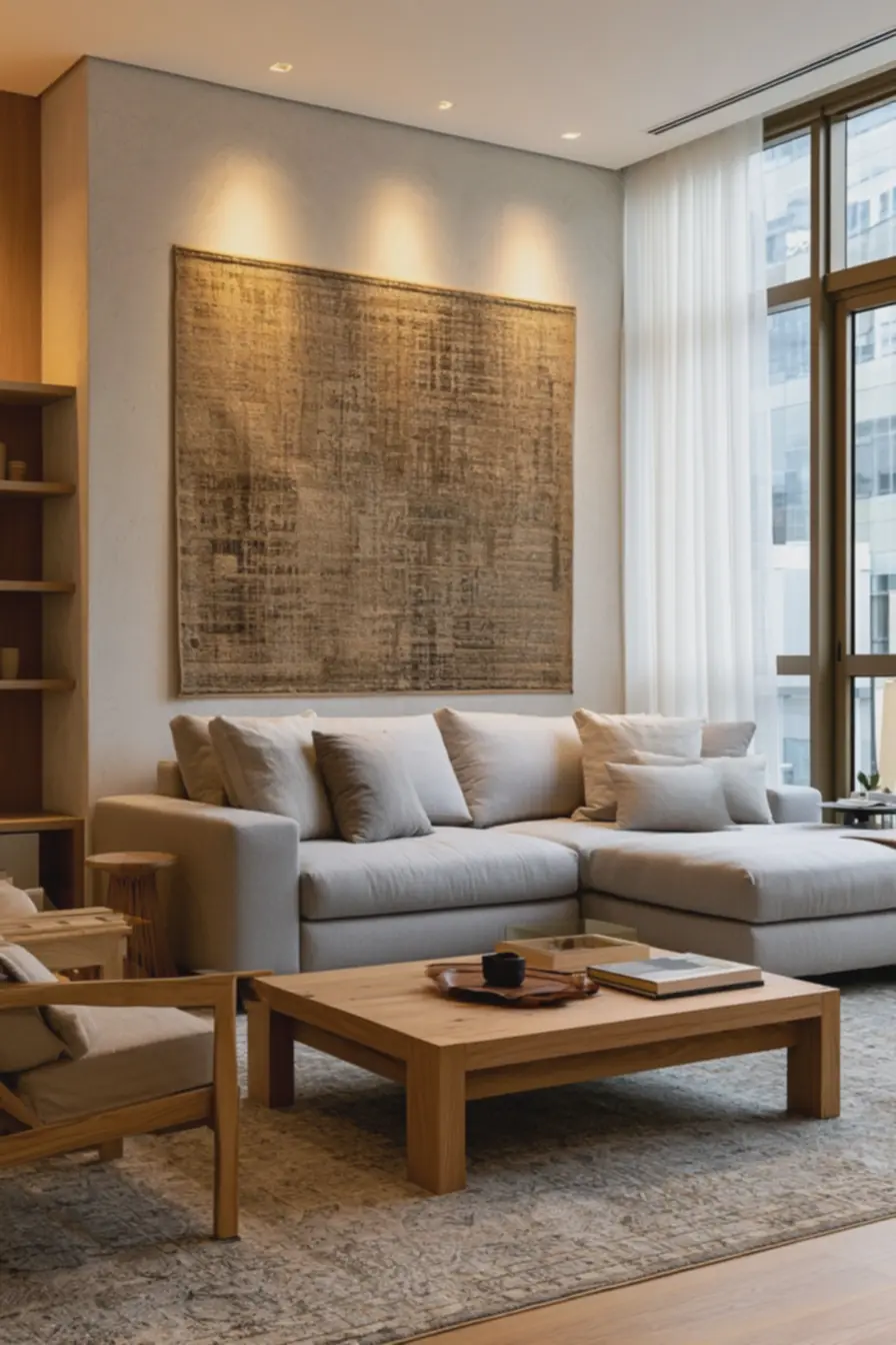 sala-de-estar-decorada-sem-furos-com-painel-de-tecido-em-tons-terrosos-fixadocom-fita-dupla-face Ideias baratas para decorar paredes sem furar: opções simples e de grande efeito sala-de-estar-decorada-sem-furos-com-painel-de-tecido-em-tons-terrosos-fixadocom-fita-dupla-face Ideias baratas para decorar paredes sem furar: opções simples e de grande efeito