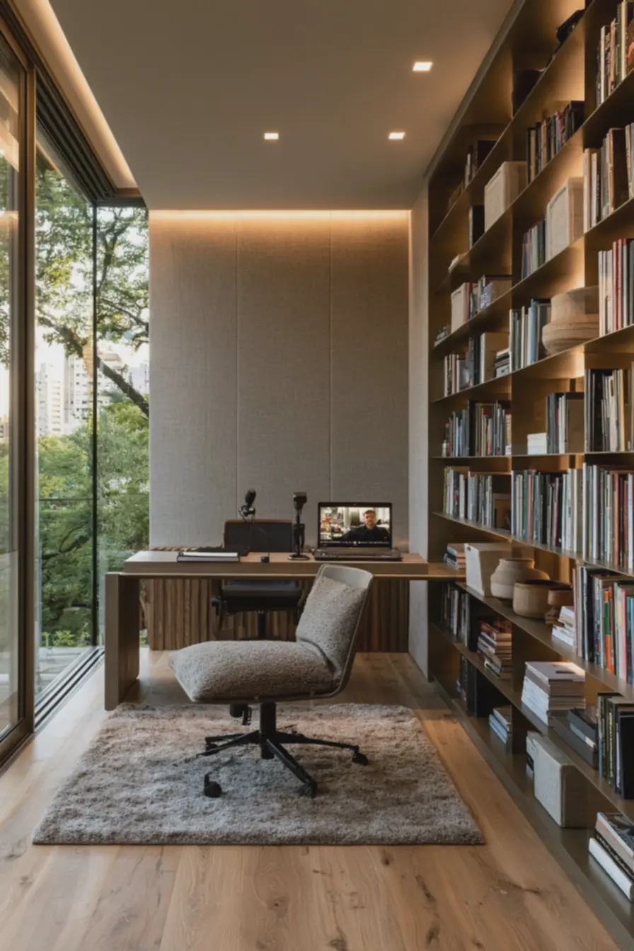 sala-de-home-office-moderna-com-painel-acustico-absorvente-em-tom-neutro-eiluminacao-natural-suave Acústica no home office: painéis, tapetes e estantes que melhoram foco e chamadas sala-de-home-office-moderna-com-painel-acustico-absorvente-em-tom-neutro-eiluminacao-natural-suave Acústica no home office: painéis, tapetes e estantes que melhoram foco e chamadas