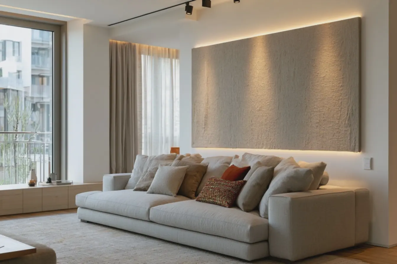 sala-decorada-com-painel-de-tecido-tensionado-tom-areia-em-parede-branca-semfuros-decoracao-de-alto-padrao-apartamento-alugado Paredes sem furar: soluções visuais para personalizar apartamento alugado sala-decorada-com-painel-de-tecido-tensionado-tom-areia-em-parede-branca-semfuros-decoracao-de-alto-padrao-apartamento-alugado Paredes sem furar: soluções visuais para personalizar apartamento alugado