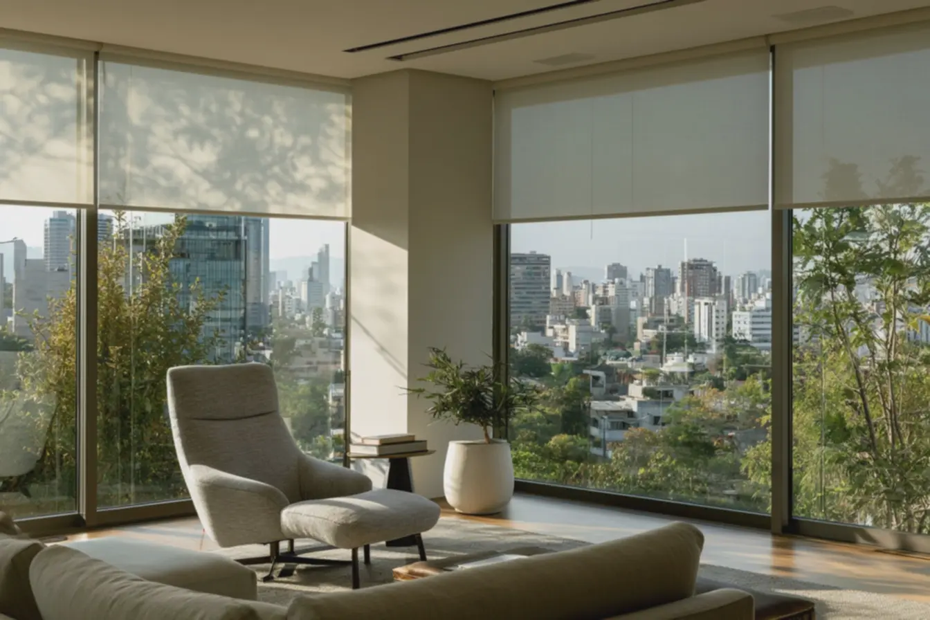 sala-moderna-com-grandes-janelas-e-persianas-de-lamina-concava-branca-filtrandoluz-forte Persianas e clima: materiais e lâminas que reduzem calor e ruído sala-moderna-com-grandes-janelas-e-persianas-de-lamina-concava-branca-filtrandoluz-forte Persianas e clima: materiais e lâminas que reduzem calor e ruído