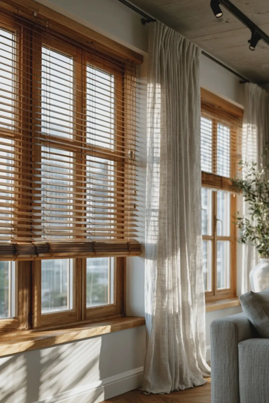 sensacao-de-amplitude-em-sala-de-pe-direito-medio-com-persianas-e-cortinas-levesem-janela-branca Persianas de madeira com cortina leve: quando combinar e quando evitar sensacao-de-amplitude-em-sala-de-pe-direito-medio-com-persianas-e-cortinas-levesem-janela-branca Persianas de madeira com cortina leve: quando combinar e quando evitar