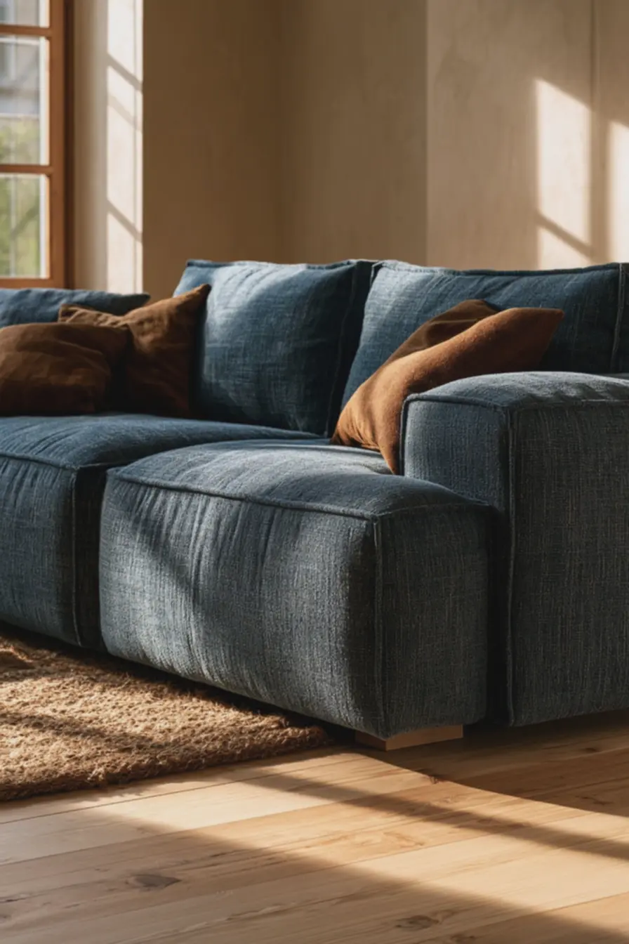 sofa-azul-petroleo-com-textura-aveludada-contrastando-com-paredes-bege-quente-emsala-contemporanea-elegante Combinação de cores de parede e móveis: o erro que gera ambiente sem vida sofa-azul-petroleo-com-textura-aveludada-contrastando-com-paredes-bege-quente-emsala-contemporanea-elegante Combinação de cores de parede e móveis: o erro que gera ambiente sem vida