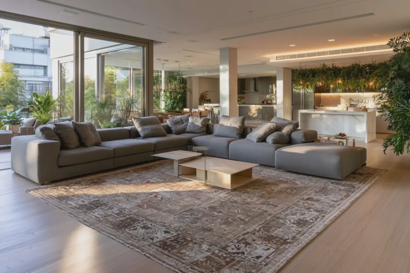 tapete-alinhado-com-sofa-modular-cinza-de-dois-metros-de-largura-ampliando-oespaco-e-proporcionando-conforto-tactile Escala da estampa: tapetes que ampliam ou reduzem a sensação do cômodo tapete-alinhado-com-sofa-modular-cinza-de-dois-metros-de-largura-ampliando-oespaco-e-proporcionando-conforto-tactile Escala da estampa: tapetes que ampliam ou reduzem a sensação do cômodo