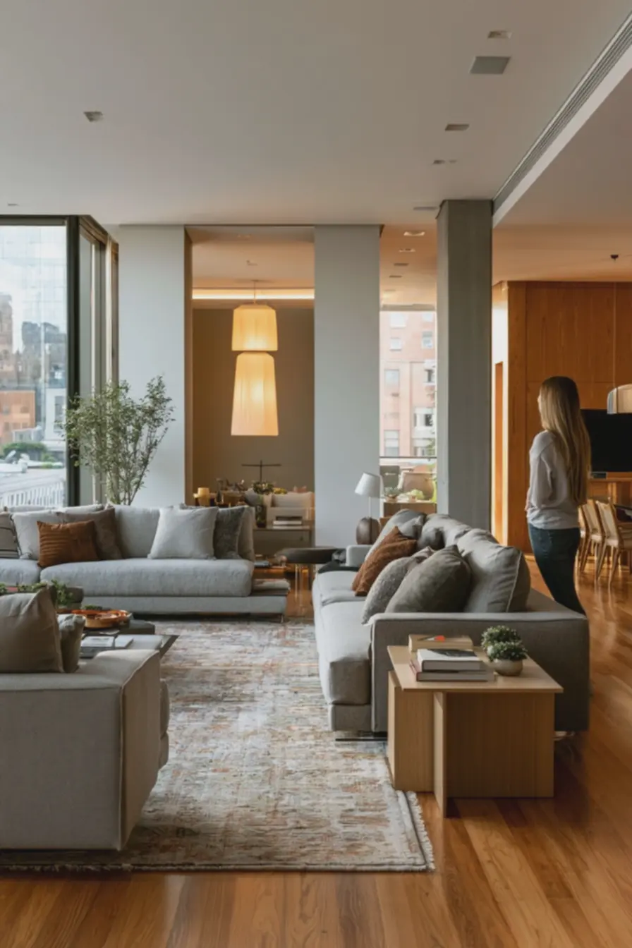 tapete-colorido-e-moveis-neutros-em-sala-urbana-com-sofa-destacado-do-muro-paramelhor-circulacao Quando deslocar o sofá do muro melhora a circulação e a sensação de espaço tapete-colorido-e-moveis-neutros-em-sala-urbana-com-sofa-destacado-do-muro-paramelhor-circulacao Quando deslocar o sofá do muro melhora a circulação e a sensação de espaço