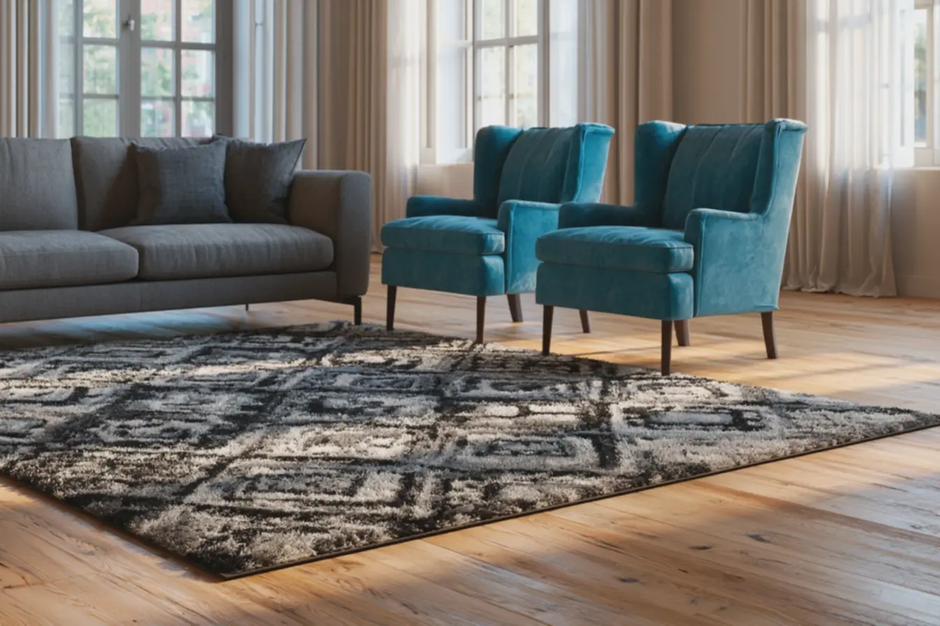 tapete-geometrico-em-preto-branco-e-cinza-decorando-sala-de-estar-clara-com-sofacinza-e-poltronas-turquesa Como decorar com tapetes: erros comuns que podem arruinar seu espaço tapete-geometrico-em-preto-branco-e-cinza-decorando-sala-de-estar-clara-com-sofacinza-e-poltronas-turquesa Como decorar com tapetes: erros comuns que podem arruinar seu espaço