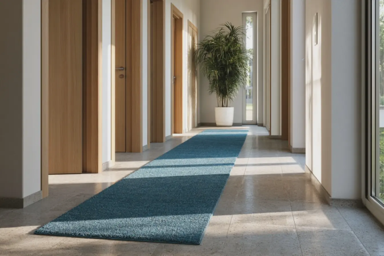 tapete-longo-azul-vibrante-em-corredor-moderno-com-piso-porcelanato-cinza-eparedes-brancas-lisas Como decorar com tapetes: erros comuns que podem arruinar seu espaço tapete-longo-azul-vibrante-em-corredor-moderno-com-piso-porcelanato-cinza-eparedes-brancas-lisas Como decorar com tapetes: erros comuns que podem arruinar seu espaço