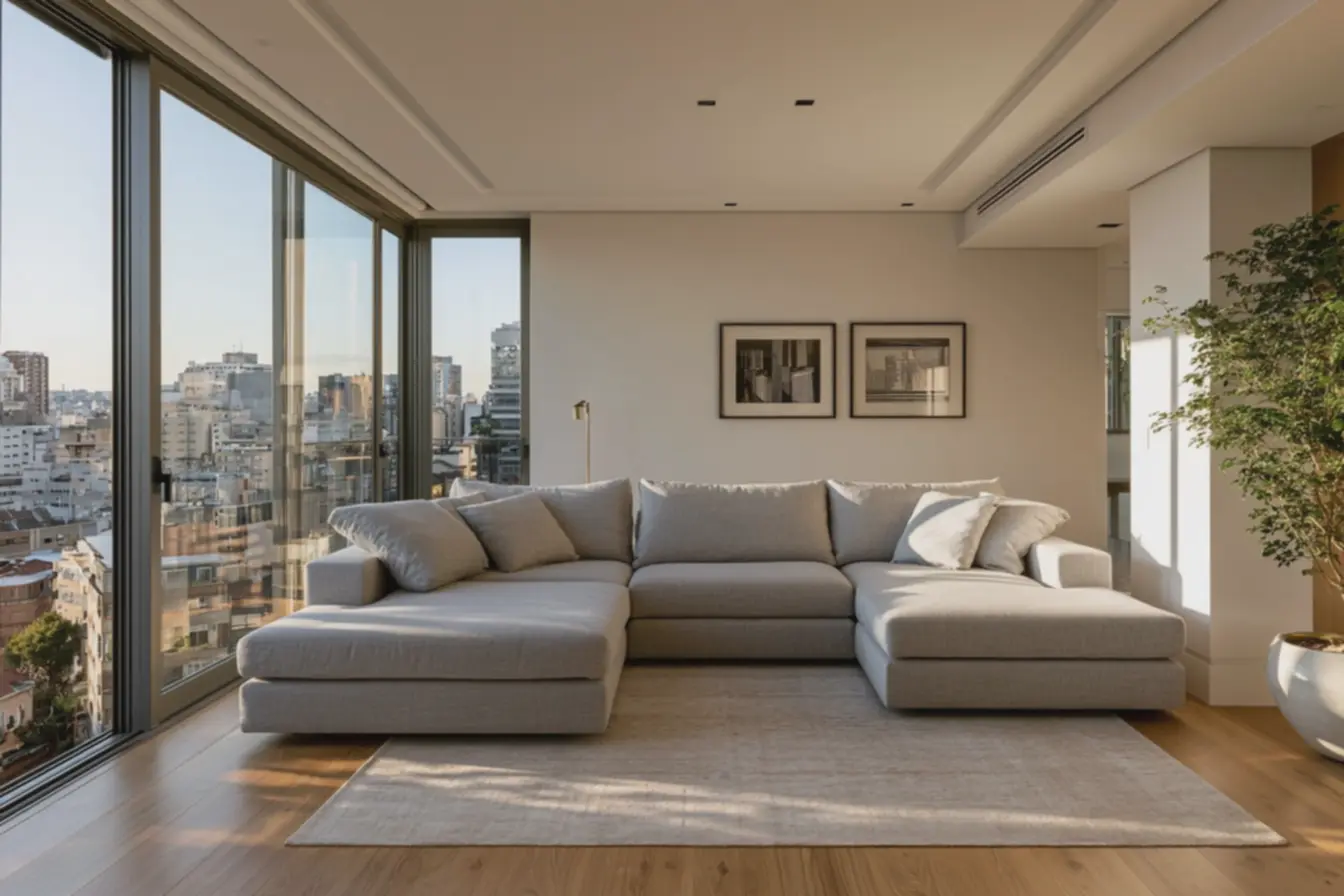tapete-neutro-sobre-piso-de-madeira-clara-destaca-conforto-e-sensacao-deamplitude-na-sala Quando deslocar o sofá do muro melhora a circulação e a sensação de espaço tapete-neutro-sobre-piso-de-madeira-clara-destaca-conforto-e-sensacao-deamplitude-na-sala Quando deslocar o sofá do muro melhora a circulação e a sensação de espaço