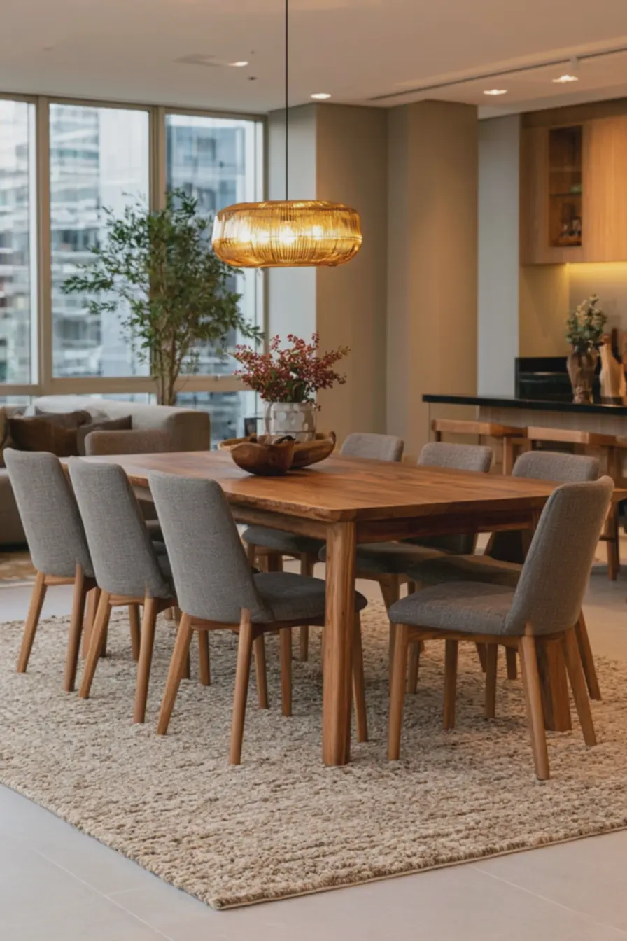 tapete-retangular-bege-com-textura-antiderrapante-fixado-em-sala-de-jantar-commesa-de-madeira-e-cadeiras-cinza Como decorar com tapetes: erros comuns que podem arruinar seu espaço tapete-retangular-bege-com-textura-antiderrapante-fixado-em-sala-de-jantar-commesa-de-madeira-e-cadeiras-cinza Como decorar com tapetes: erros comuns que podem arruinar seu espaço