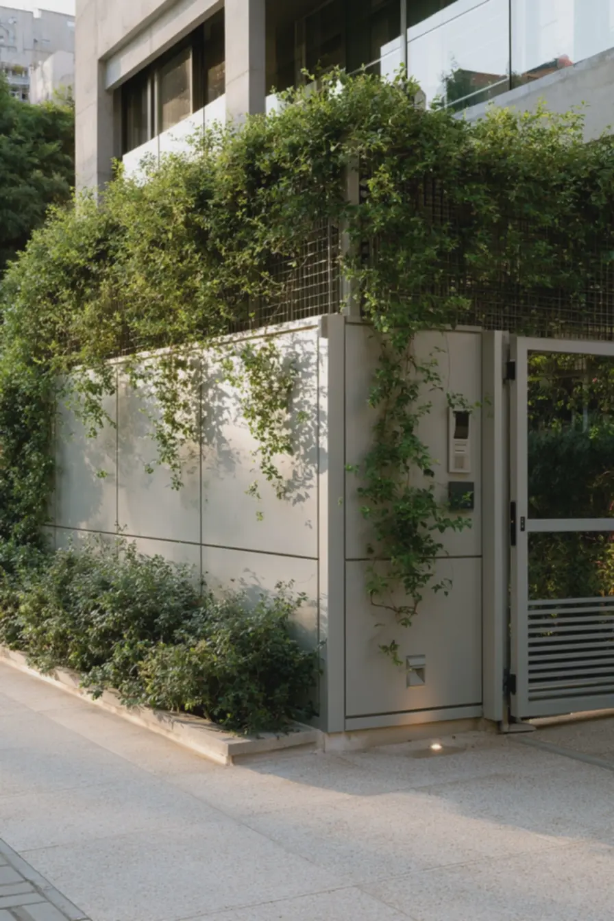 trepadeira-verde-com-folhas-pequenas-crescendo-em-estrutura-vazada-ao-lado-dopainel-metalico Como decorar o muro da frente da sua casa trepadeira-verde-com-folhas-pequenas-crescendo-em-estrutura-vazada-ao-lado-dopainel-metalico Como decorar o muro da frente da sua casa
