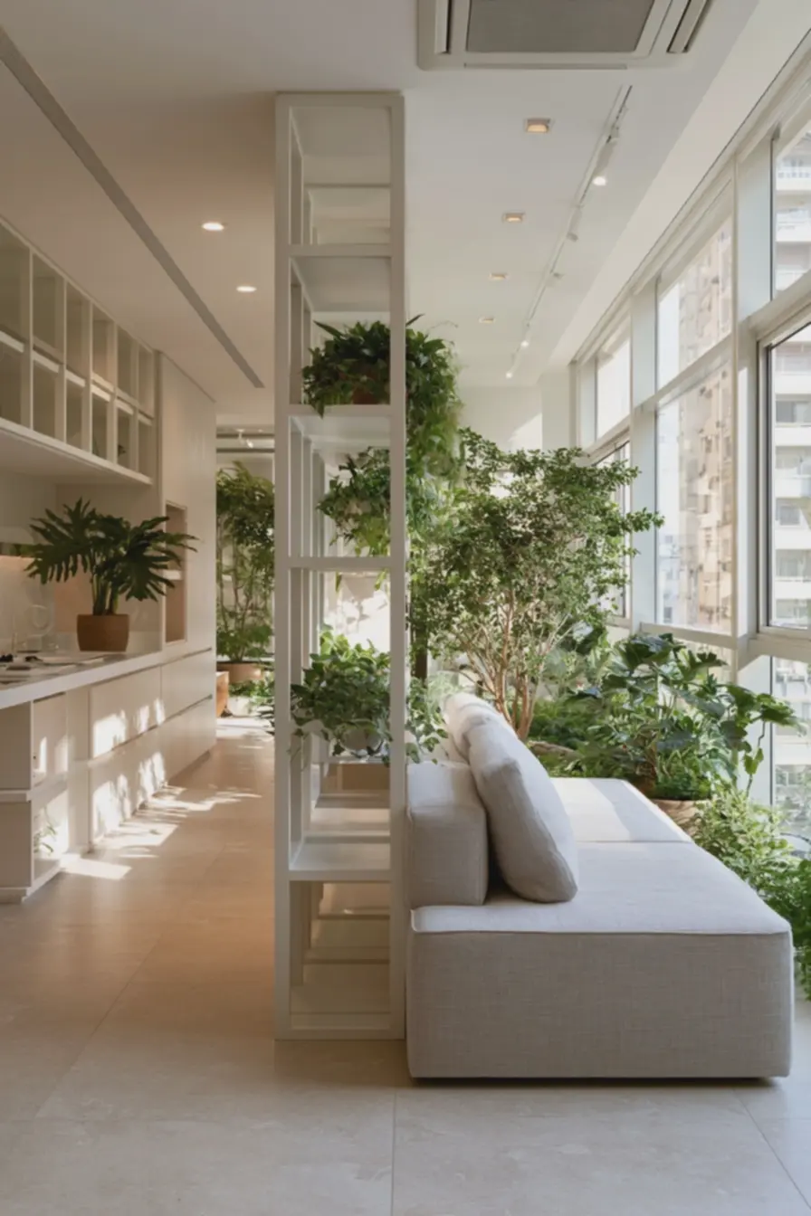 uso-de-prateleiras-abertas-com-plantas-verdes-para-ampliar-sensacao-de-espaco-emapartamento-pequeno Setorização sem paredes: soluções de mobiliário que ampliam apartamentos pequenos uso-de-prateleiras-abertas-com-plantas-verdes-para-ampliar-sensacao-de-espaco-emapartamento-pequeno Setorização sem paredes: soluções de mobiliário que ampliam apartamentos pequenos