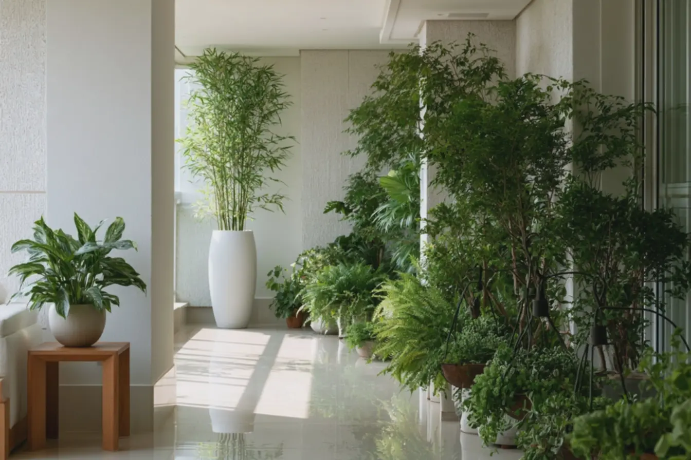 varanda-moderna-estreita-transformada-em-jardim-interno-sofisticado-com-camadasde-plantas-que-ampliam-o-espaco Camadas de plantas que ampliam ambientes: alturas, texturas e vasos que funcionam varanda-moderna-estreita-transformada-em-jardim-interno-sofisticado-com-camadasde-plantas-que-ampliam-o-espaco Camadas de plantas que ampliam ambientes: alturas, texturas e vasos que funcionam