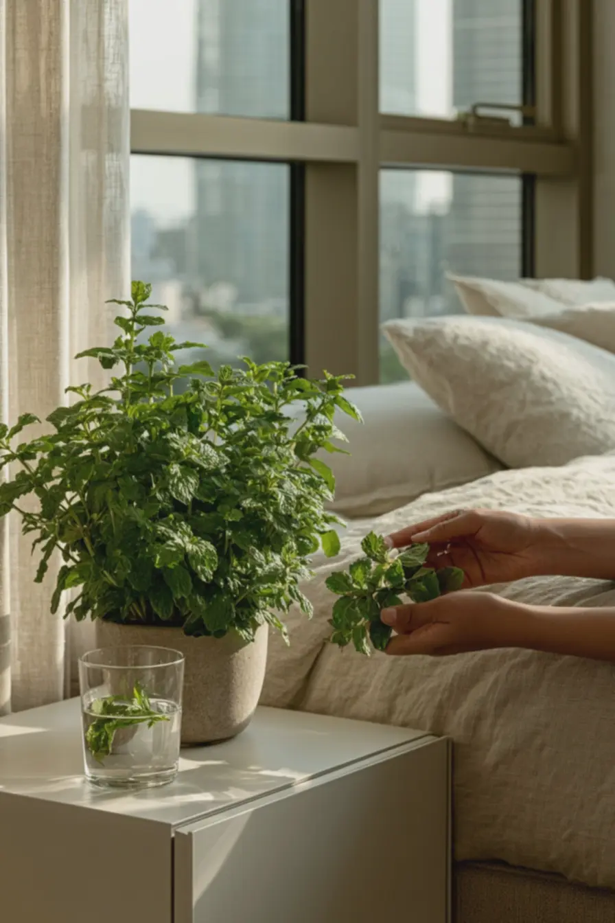 vaso-compacto-de-hortela-em-criado-mudo-branco-em-quarto-com-pouca-iluminacao Plantas aromáticas ideais para apartamentos escuros: aroma sem varanda vaso-compacto-de-hortela-em-criado-mudo-branco-em-quarto-com-pouca-iluminacao Plantas aromáticas ideais para apartamentos escuros: aroma sem varanda