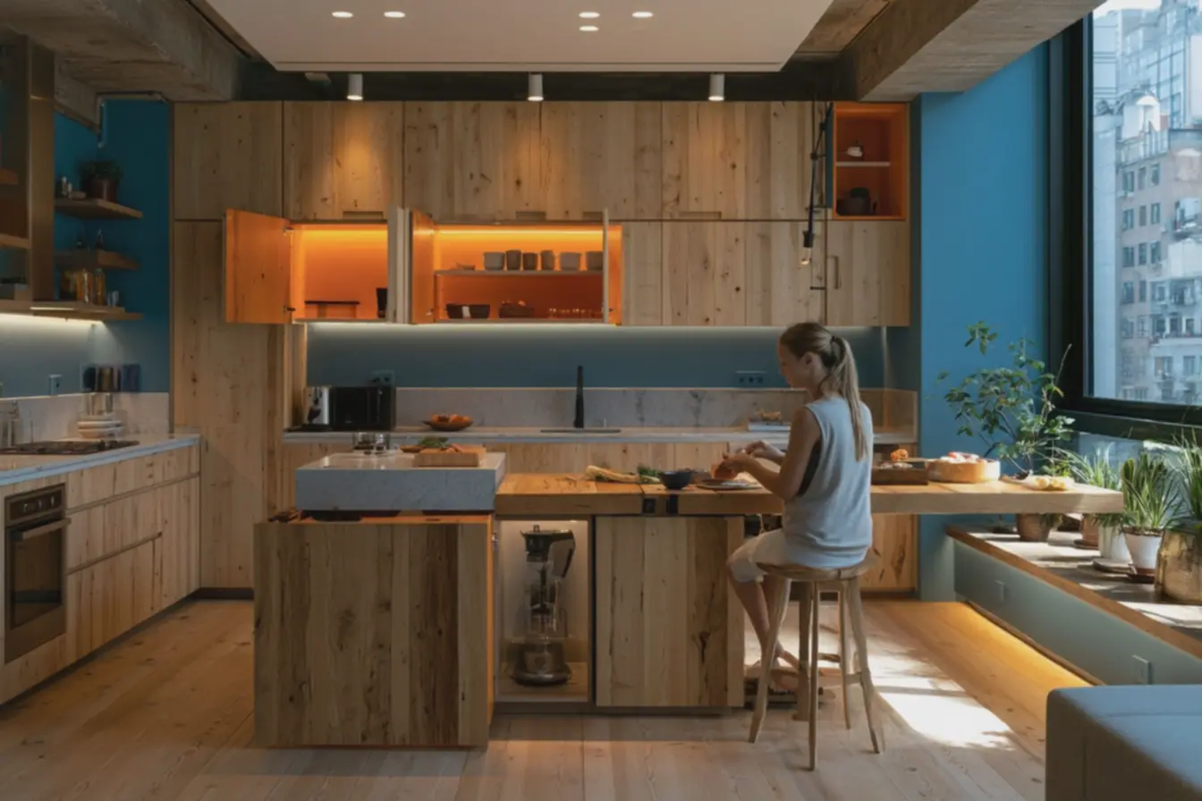 vista-ampla-de-cozinha-moderna-com-paredes-azul-vibrante-armarios-em-madeiraclara-e-interiores-laranja-brilhante Tendências na decoração de cozinhas que escondem detalhes surpreendentes vista-ampla-de-cozinha-moderna-com-paredes-azul-vibrante-armarios-em-madeiraclara-e-interiores-laranja-brilhante Tendências na decoração de cozinhas que escondem detalhes surpreendentes