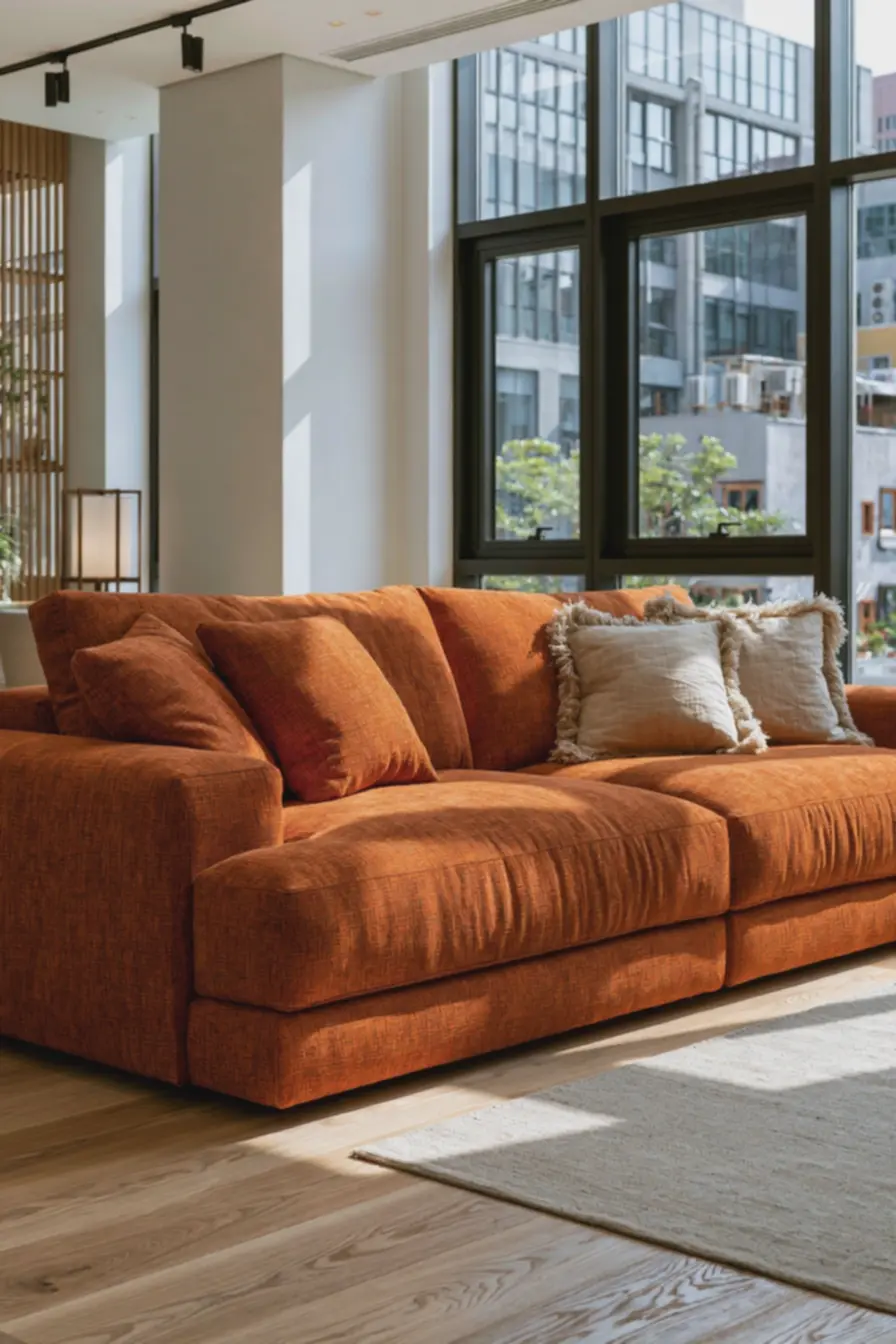 ambiente-acolhedor-com-uso-equilibrado-de-textura-e-luz-em-sofa-laranja-fosco Evite este erro comum ao usar laranja: foco no equilíbrio de luz e textura ambiente-acolhedor-com-uso-equilibrado-de-textura-e-luz-em-sofa-laranja-fosco Evite este erro comum ao usar laranja: foco no equilíbrio de luz e textura