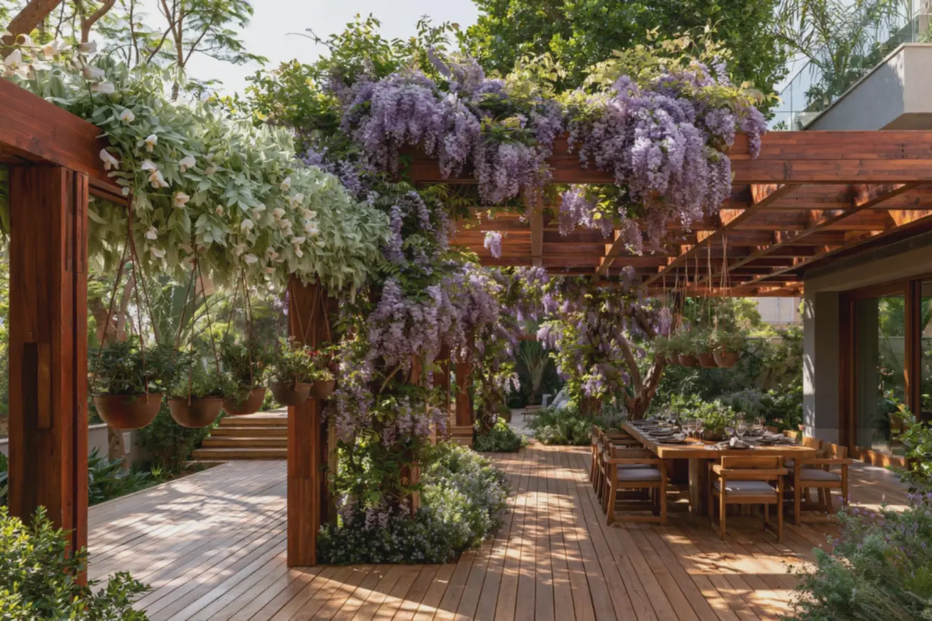 area-de-jantar-ao-ar-livre-em-deck-de-madeira-clara-sob-sombra-dappled-depergolado-florido Plantas que valorizam pergolado de madeira: sombra, privacidade e cor no quintal area-de-jantar-ao-ar-livre-em-deck-de-madeira-clara-sob-sombra-dappled-depergolado-florido Plantas que valorizam pergolado de madeira: sombra, privacidade e cor no quintal