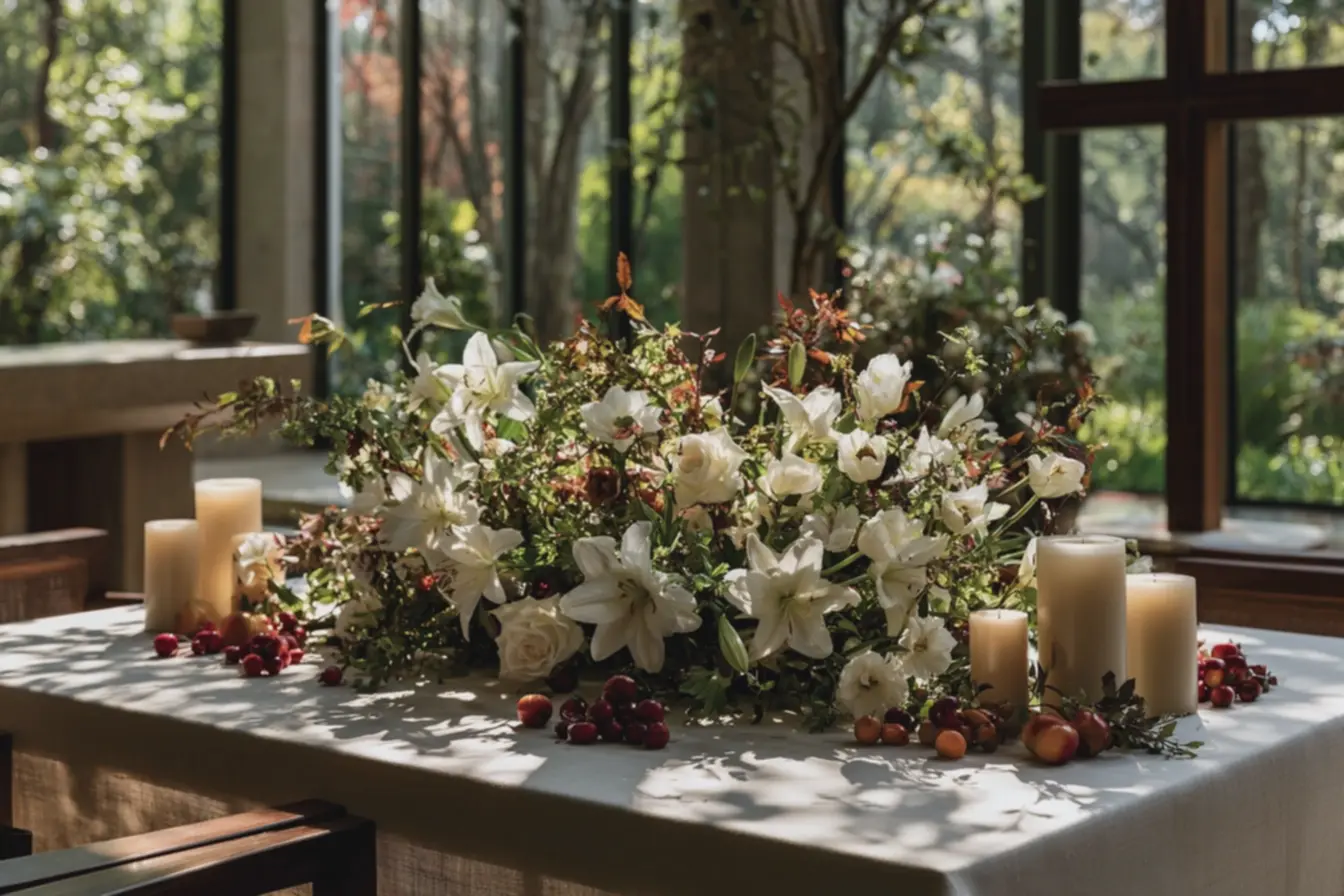 arranjo-baixo-de-flores-brancas-lirios-rosas-e-tulipas-com-velas-creme-na-mesade-pascoa Mesas de igreja por estação: arranjos e paleta de cores para cada celebração arranjo-baixo-de-flores-brancas-lirios-rosas-e-tulipas-com-velas-creme-na-mesade-pascoa Mesas de igreja por estação: arranjos e paleta de cores para cada celebração