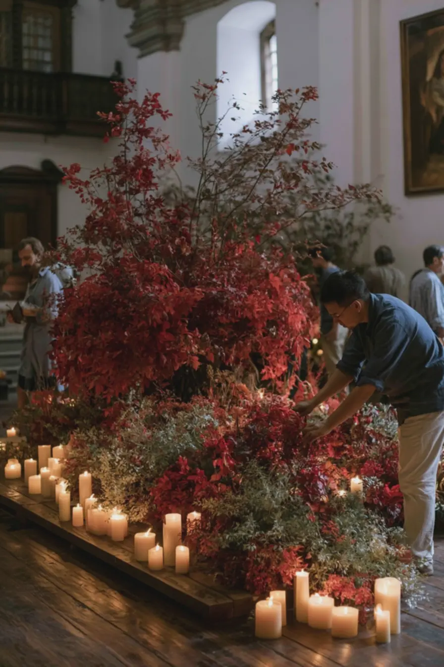 arranjo-decorativo-vermelho-intenso-e-visual-pesado-em-mesa-de-igreja-parapentecostes Mesas de igreja por estação: arranjos e paleta de cores para cada celebração arranjo-decorativo-vermelho-intenso-e-visual-pesado-em-mesa-de-igreja-parapentecostes Mesas de igreja por estação: arranjos e paleta de cores para cada celebração
