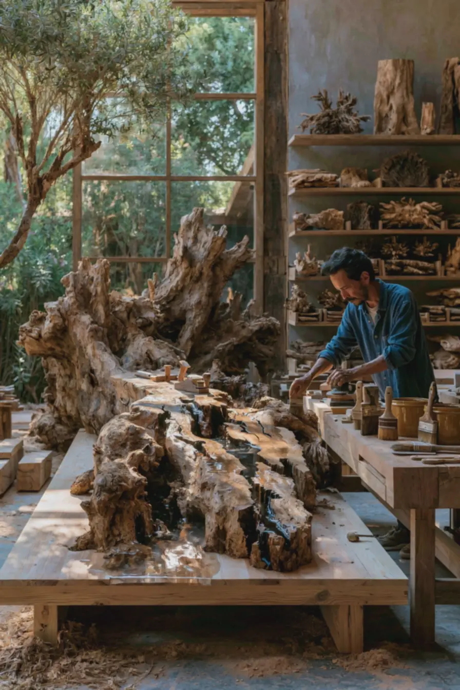 artesao-aplicando-acabamento-com-resina-epoxi-transparente-em-raiz-de-madeiraumida Raízes de árvores para decoração: mesas e banquetas lindas e cheias de estilo artesao-aplicando-acabamento-com-resina-epoxi-transparente-em-raiz-de-madeiraumida Raízes de árvores para decoração: mesas e banquetas lindas e cheias de estilo