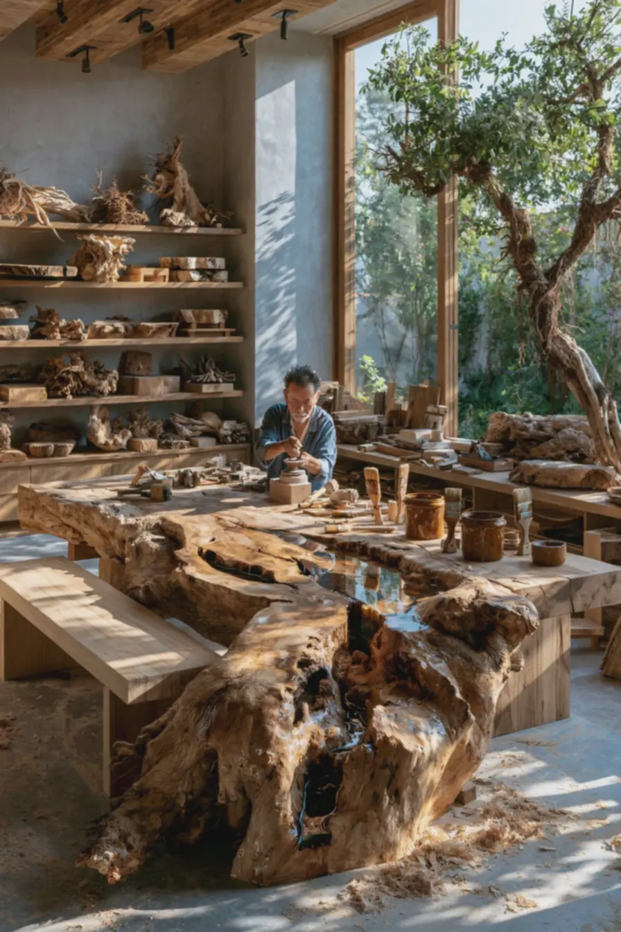 bancada-de-madeira-clara-com-ferramentas-de-lixamento-e-potes-de-oleo-de-tungueem-oficina-artesanal Raízes de árvores para decoração: mesas e banquetas lindas e cheias de estilo bancada-de-madeira-clara-com-ferramentas-de-lixamento-e-potes-de-oleo-de-tungueem-oficina-artesanal Raízes de árvores para decoração: mesas e banquetas lindas e cheias de estilo