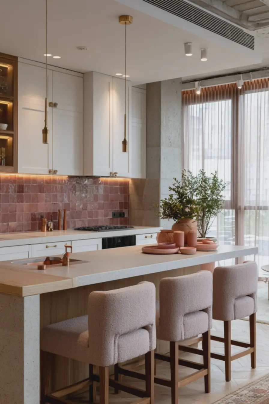 banquetas-estofadas-em-tecido-blush-junto-a-bancada-com-utensilios-em-cobrefosco Decorar com tons de rosa: o detalhe que muda o clima da sua casa para sempre banquetas-estofadas-em-tecido-blush-junto-a-bancada-com-utensilios-em-cobrefosco Decorar com tons de rosa: o detalhe que muda o clima da sua casa para sempre