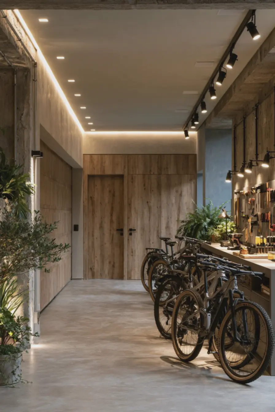 bicicletas-organizadas-e-bancada-com-ferramentas-iluminadas-por-spots-de-luzfria-em-piso-cinza-acetinado Iluminação e cor elevam a sensação de espaço em garagens pequenas bicicletas-organizadas-e-bancada-com-ferramentas-iluminadas-por-spots-de-luzfria-em-piso-cinza-acetinado Iluminação e cor elevam a sensação de espaço em garagens pequenas