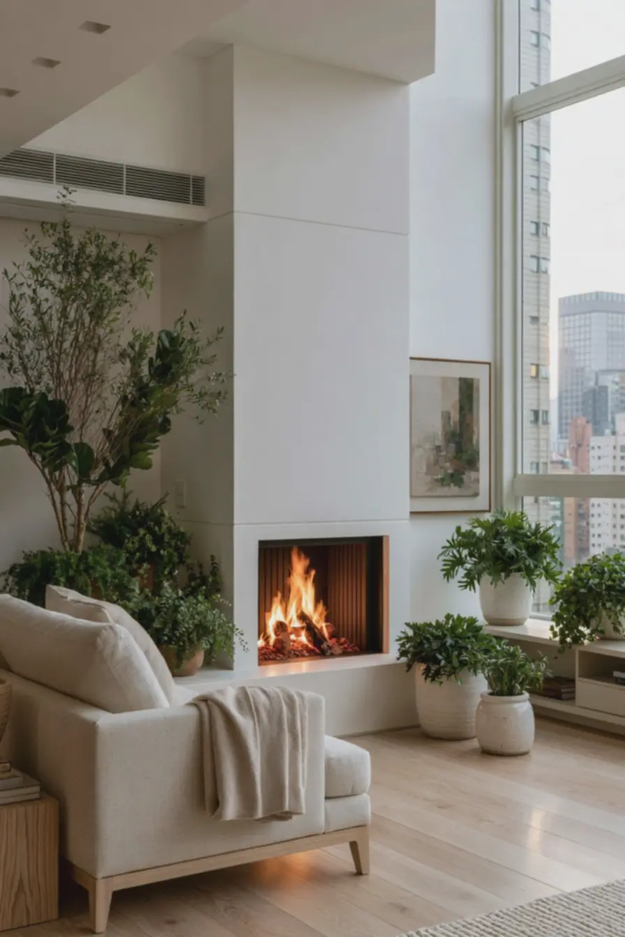chamine-integrada-em-sala-moderna-com-plantas-verdes-e-quadro-minimalista Chaminé embutida, parede de tijolo ou ilha: escolha a configuração ideal para fogão a lenha chamine-integrada-em-sala-moderna-com-plantas-verdes-e-quadro-minimalista Chaminé embutida, parede de tijolo ou ilha: escolha a configuração ideal para fogão a lenha