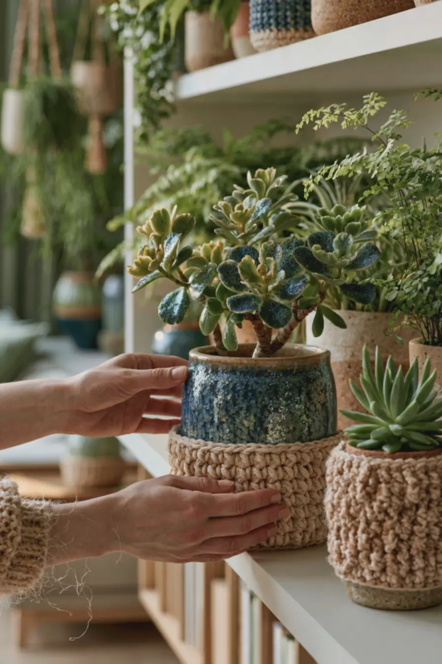 contraste-entre-brilho-do-vaso-esmaltado-e-textura-delicada-do-crocheevidenciado-em-decoracao-de-plantas Vasos de plantas com crochê e cerâmica: combinações de texturas para deixar prateleiras mais vivas contraste-entre-brilho-do-vaso-esmaltado-e-textura-delicada-do-crocheevidenciado-em-decoracao-de-plantas Vasos de plantas com crochê e cerâmica: combinações de texturas para deixar prateleiras mais vivas