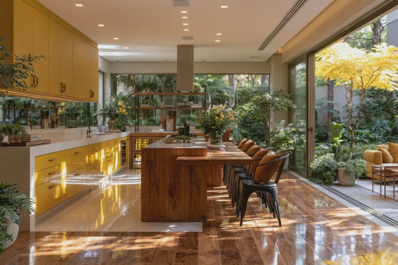 cozinha-moderna-ampla-com-piso-em-madeira-nogueira-acetinada-e-armarios-amarelomostarda-textura-mate Madeira, metal e tons de amarelo: ideias de combinação para salas e cozinhas cozinha-moderna-ampla-com-piso-em-madeira-nogueira-acetinada-e-armarios-amarelomostarda-textura-mate Madeira, metal e tons de amarelo: ideias de combinação para salas e cozinhas