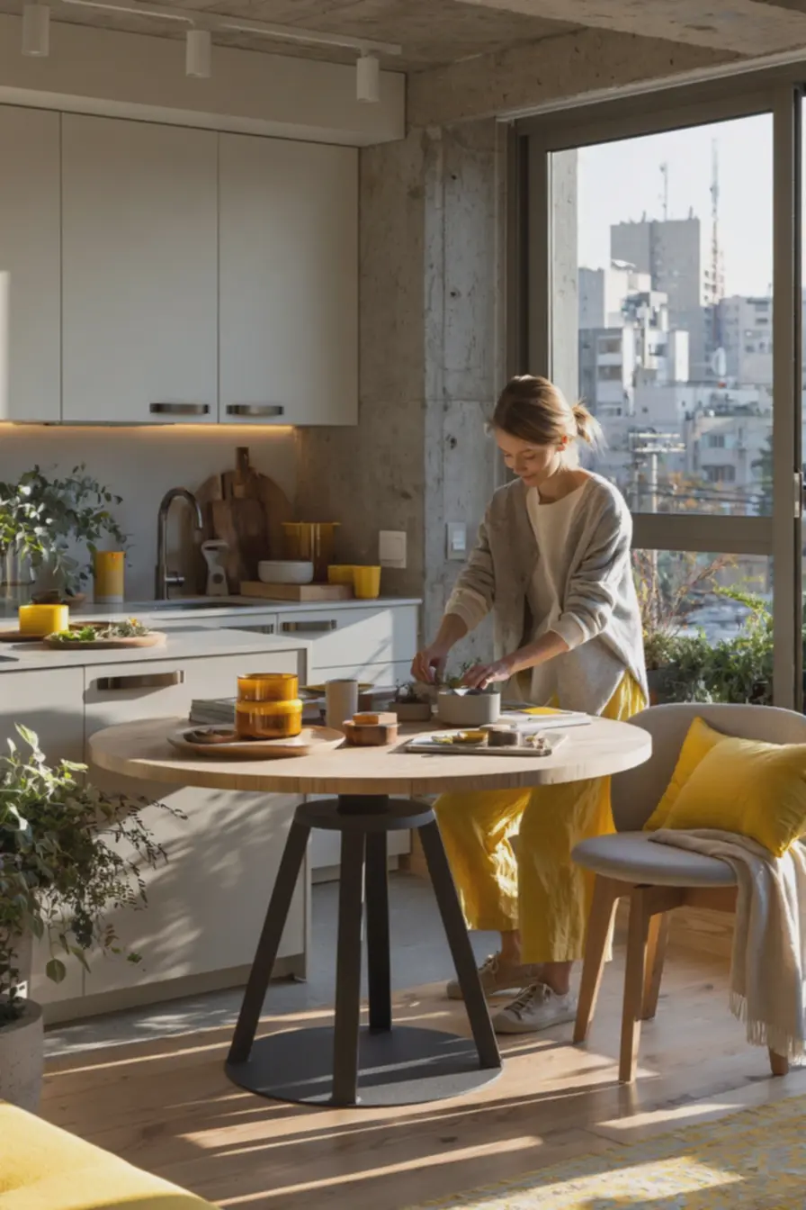 cozinha-pequena-com-mesa-redonda-de-madeira-clara-base-em-metal-preto-fosco-edetalhes-em-amarelo-ambar Madeira, metal e tons de amarelo: ideias de combinação para salas e cozinhas cozinha-pequena-com-mesa-redonda-de-madeira-clara-base-em-metal-preto-fosco-edetalhes-em-amarelo-ambar Madeira, metal e tons de amarelo: ideias de combinação para salas e cozinhas