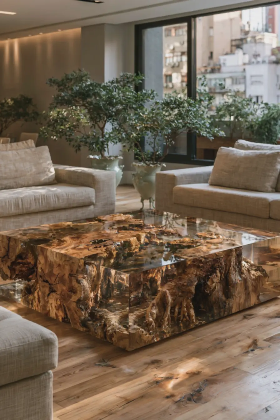 decoracao-rustica-e-moderna-com-mesa-de-resina-que-realca-textura-natural-damadeira-da-raiz Resina, vidro e metal: ideias para integrar raízes de árvores na decoração decoracao-rustica-e-moderna-com-mesa-de-resina-que-realca-textura-natural-damadeira-da-raiz Resina, vidro e metal: ideias para integrar raízes de árvores na decoração