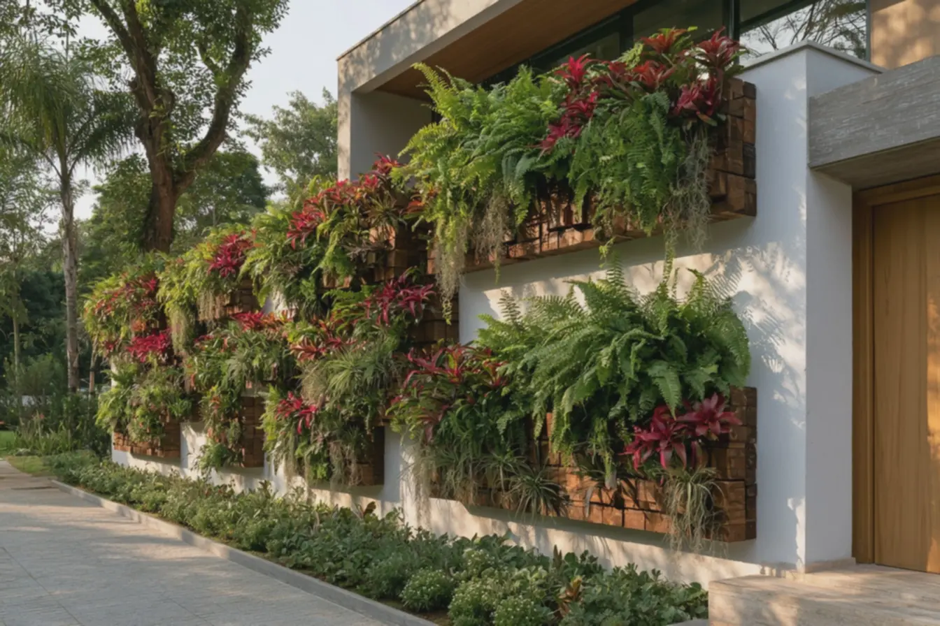 fachada-com-muro-revestido-por-jardim-vertical-suspenso-em-modulos-de-madeiratratados-afastados-da-parede-branca Muro de frente com jardim vertical: espécies que não danificam a alvenaria fachada-com-muro-revestido-por-jardim-vertical-suspenso-em-modulos-de-madeiratratados-afastados-da-parede-branca Muro de frente com jardim vertical: espécies que não danificam a alvenaria
