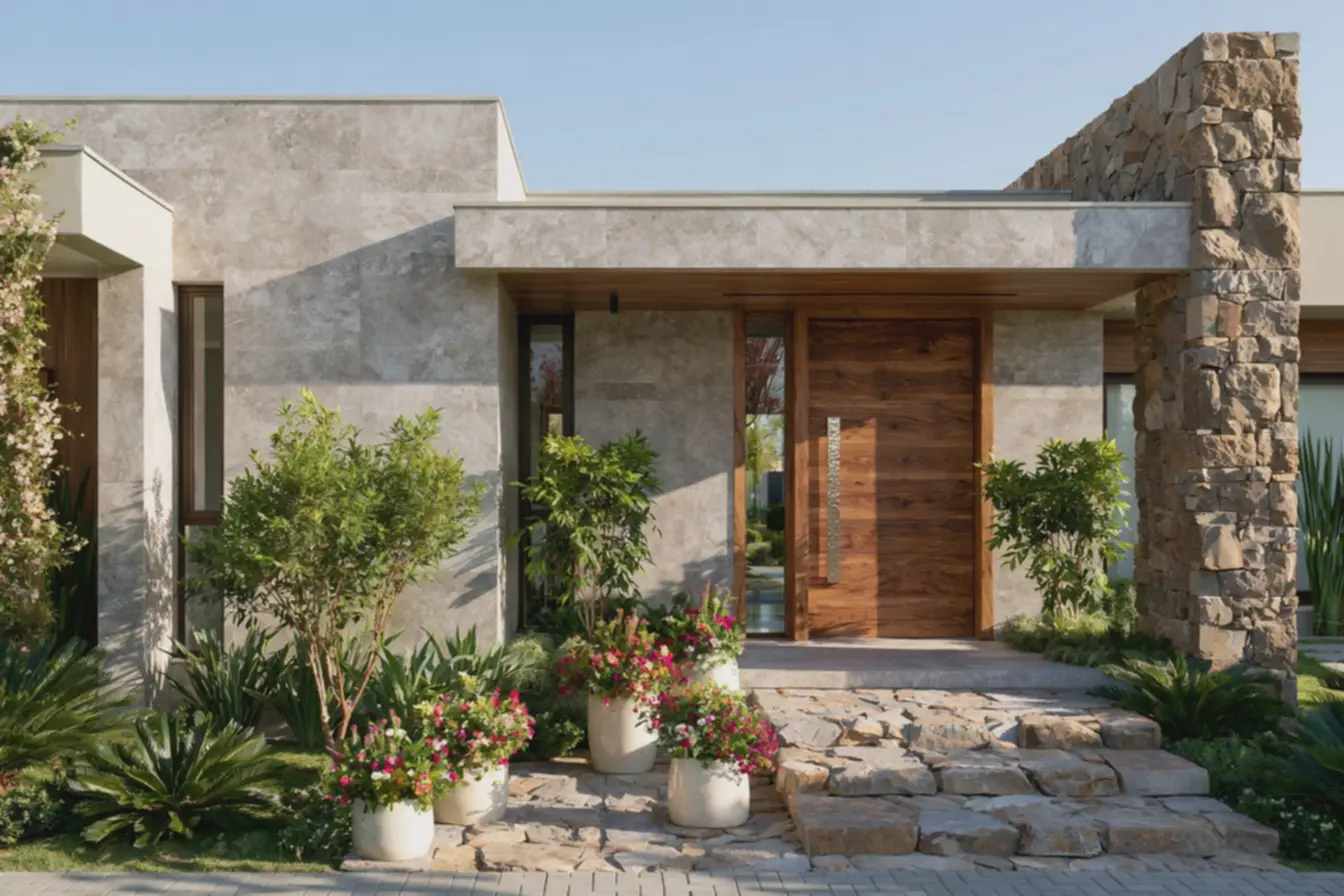 fachada-de-casa-terrea-com-revestimento-porcelanato-cinza-claro-que-imita-pedranatural Frente de casa com revestimentos: ideias que renovam e valorizam seu lar fachada-de-casa-terrea-com-revestimento-porcelanato-cinza-claro-que-imita-pedranatural Frente de casa com revestimentos: ideias que renovam e valorizam seu lar