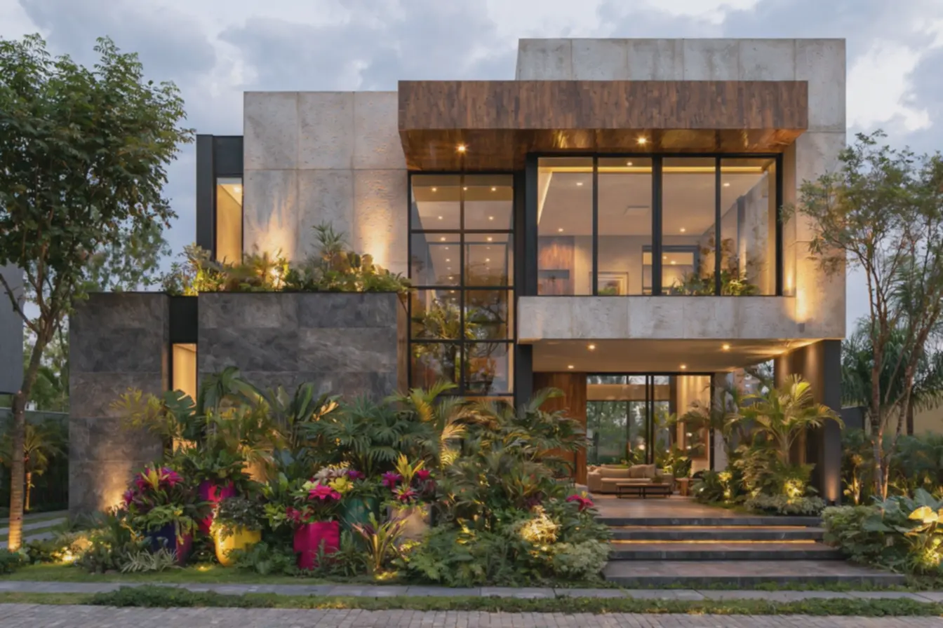 fachada-iluminada-por-luz-dourada-do-entardecer-com-iluminacao-externa-embutidadestacando-texturas-e-volumes Frente de casa com revestimentos: ideias que renovam e valorizam seu lar fachada-iluminada-por-luz-dourada-do-entardecer-com-iluminacao-externa-embutidadestacando-texturas-e-volumes Frente de casa com revestimentos: ideias que renovam e valorizam seu lar