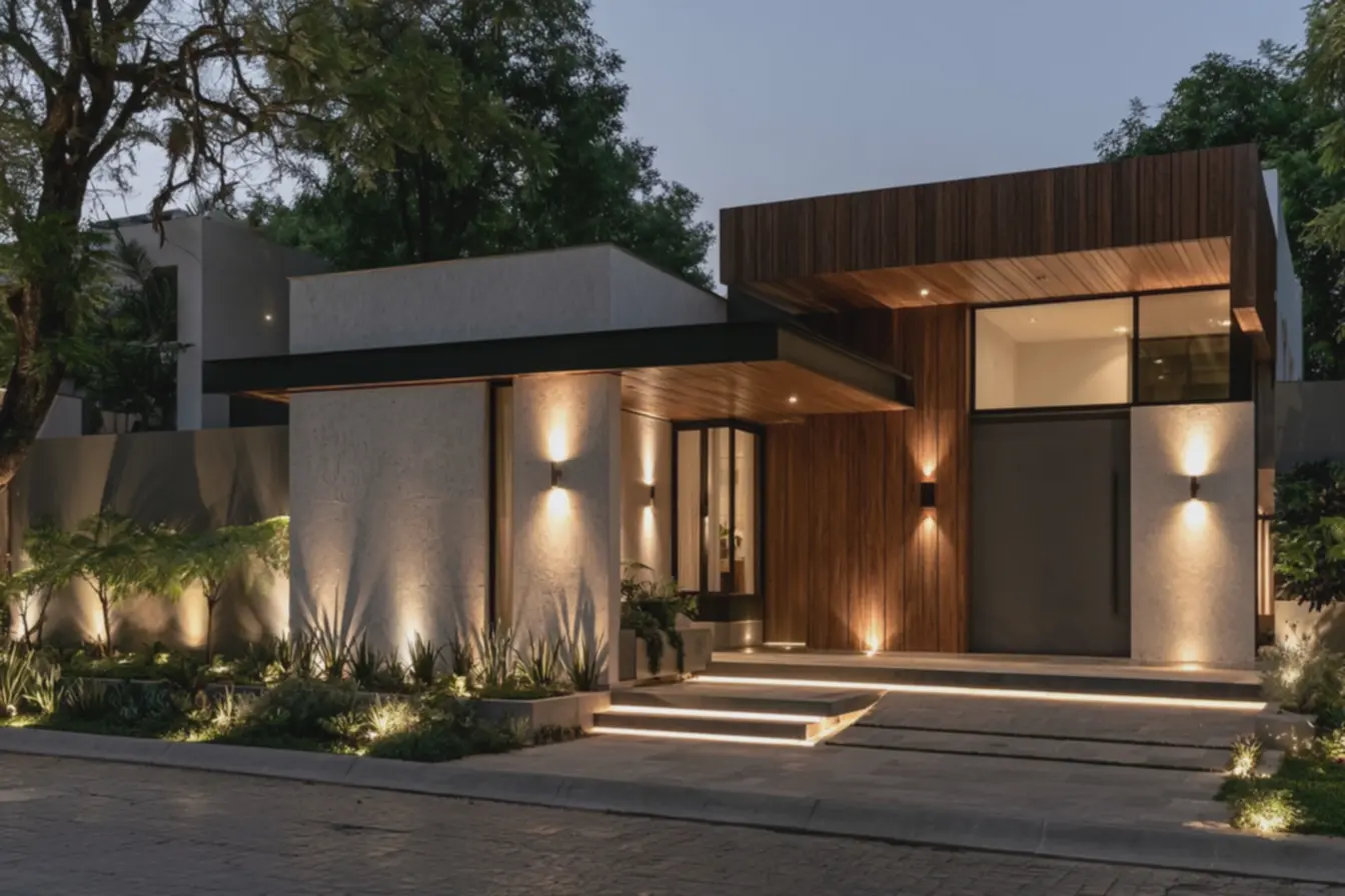 fachada-noturna-de-casa-simples-com-iluminacao-led-embutida-no-chao-destacandotexturas Fachadas modernas para casas simples: ideias que mudam o visual sem complicação fachada-noturna-de-casa-simples-com-iluminacao-led-embutida-no-chao-destacandotexturas Fachadas modernas para casas simples: ideias que mudam o visual sem complicação