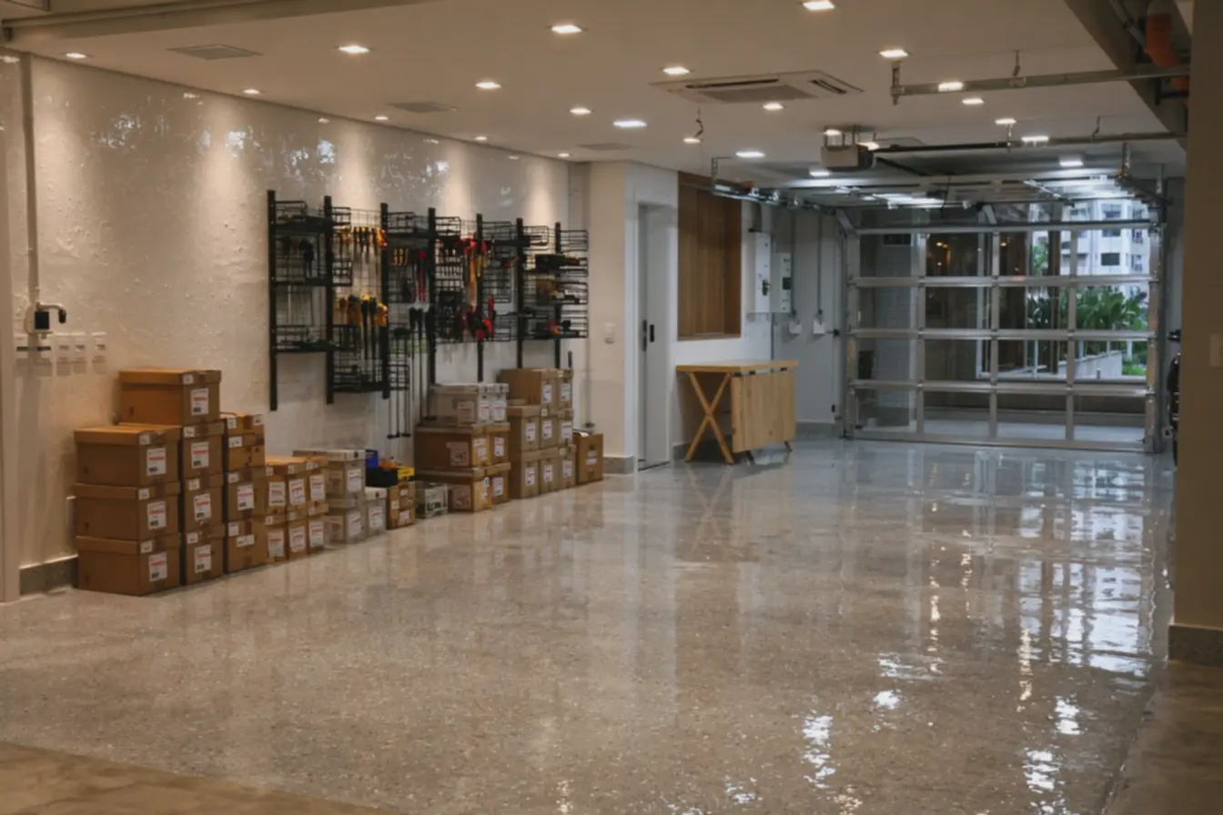 garagem-compacta-com-bancadas-dobraveis-em-madeira-clara-e-portao-de-aco-abertomostrando-ambiente-arejado Reforma da garagem simples: ideias que renovam sem pesar no bolso garagem-compacta-com-bancadas-dobraveis-em-madeira-clara-e-portao-de-aco-abertomostrando-ambiente-arejado Reforma da garagem simples: ideias que renovam sem pesar no bolso