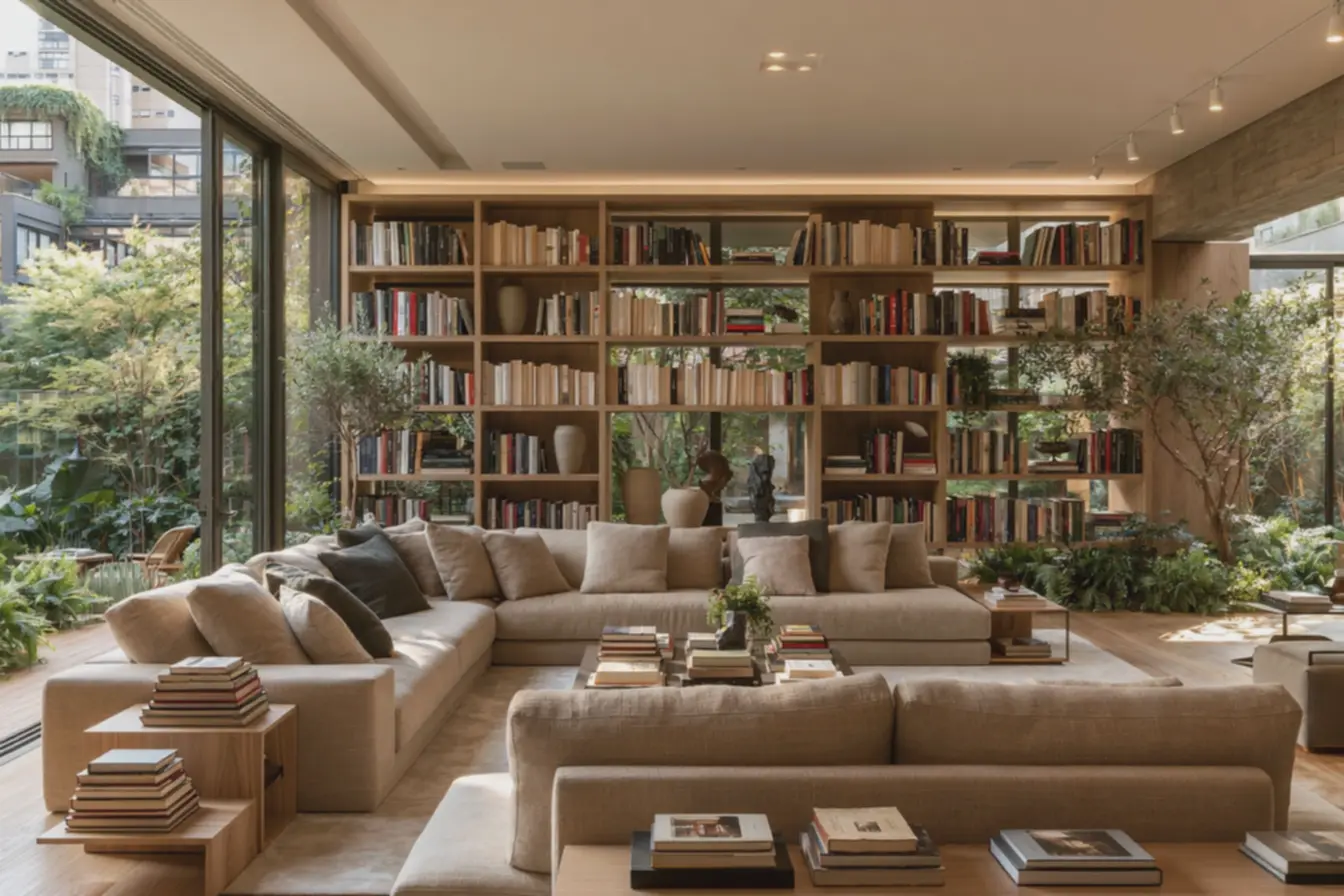 iluminacao-natural-e-luz-indireta-valorizando-decoracao-sofisticada-com-livros Erros comuns ao decorar com livros que deixam sua sala visualmente sobrecarregada iluminacao-natural-e-luz-indireta-valorizando-decoracao-sofisticada-com-livros Erros comuns ao decorar com livros que deixam sua sala visualmente sobrecarregada
