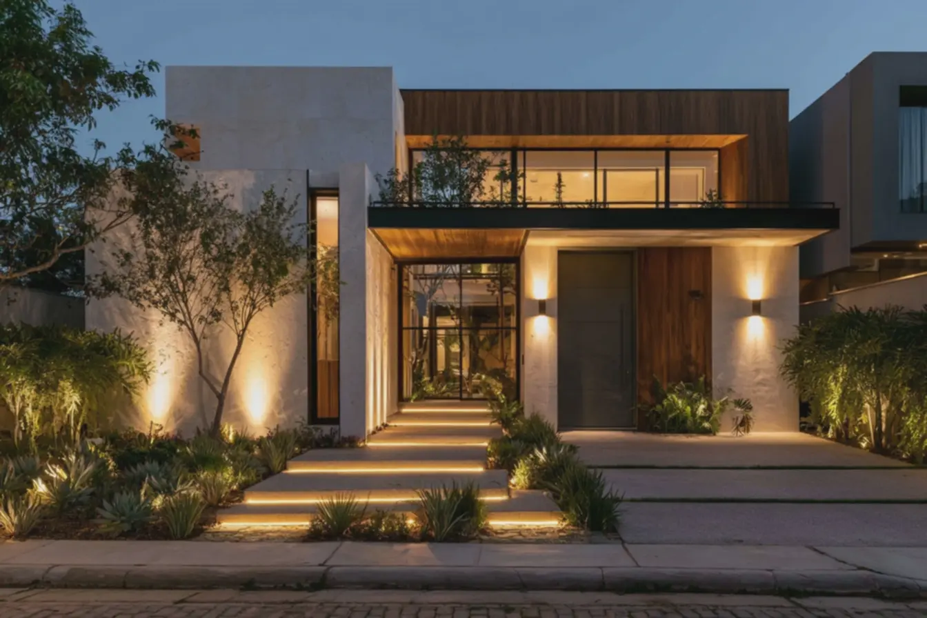 iluminacao-que-cria-contraste-e-profundidade-em-paredes-claras-e-detalhesescuros-da-fachada Fachadas modernas para casas simples: ideias que mudam o visual sem complicação iluminacao-que-cria-contraste-e-profundidade-em-paredes-claras-e-detalhesescuros-da-fachada Fachadas modernas para casas simples: ideias que mudam o visual sem complicação