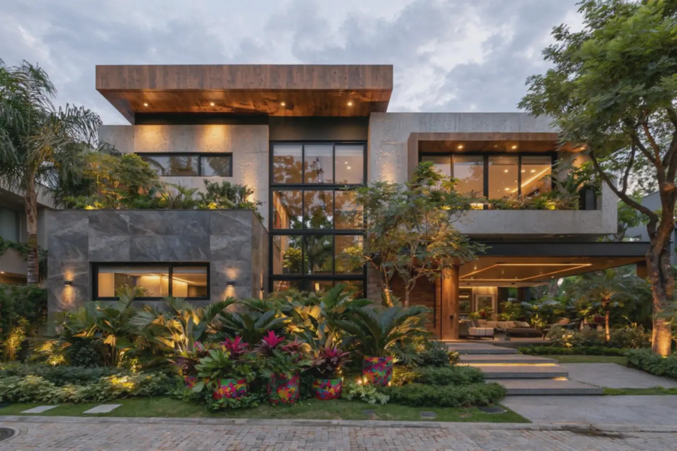 jardim-frontal-com-plantas-tropicalizadas-em-vasos-coloridos-vibrantes-realcandofachada-contemporanea Frente de casa com revestimentos: ideias que renovam e valorizam seu lar jardim-frontal-com-plantas-tropicalizadas-em-vasos-coloridos-vibrantes-realcandofachada-contemporanea Frente de casa com revestimentos: ideias que renovam e valorizam seu lar