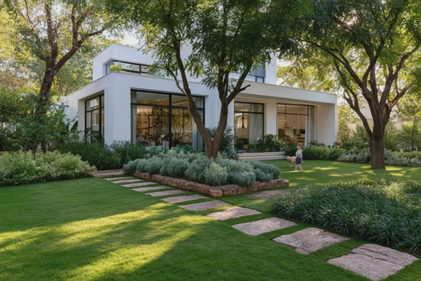 jardim-hibrido-em-residencia-moderna-com-fachadas-brancas-ao-fundo Jardim híbrido: combinar grama natural e artificial para áreas de sol e sombra jardim-hibrido-em-residencia-moderna-com-fachadas-brancas-ao-fundo Jardim híbrido: combinar grama natural e artificial para áreas de sol e sombra
