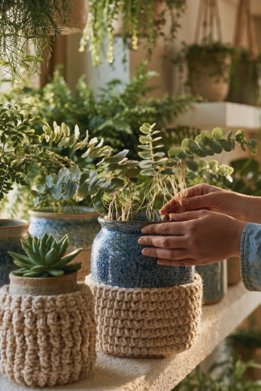 maos-ajustando-vaso-de-ceramica-azul-cintilante-dentro-de-suporte-de-croche-depontos-fechados-em-sala-de-estar Vasos de plantas com crochê e cerâmica: combinações de texturas para deixar prateleiras mais vivas maos-ajustando-vaso-de-ceramica-azul-cintilante-dentro-de-suporte-de-croche-depontos-fechados-em-sala-de-estar Vasos de plantas com crochê e cerâmica: combinações de texturas para deixar prateleiras mais vivas