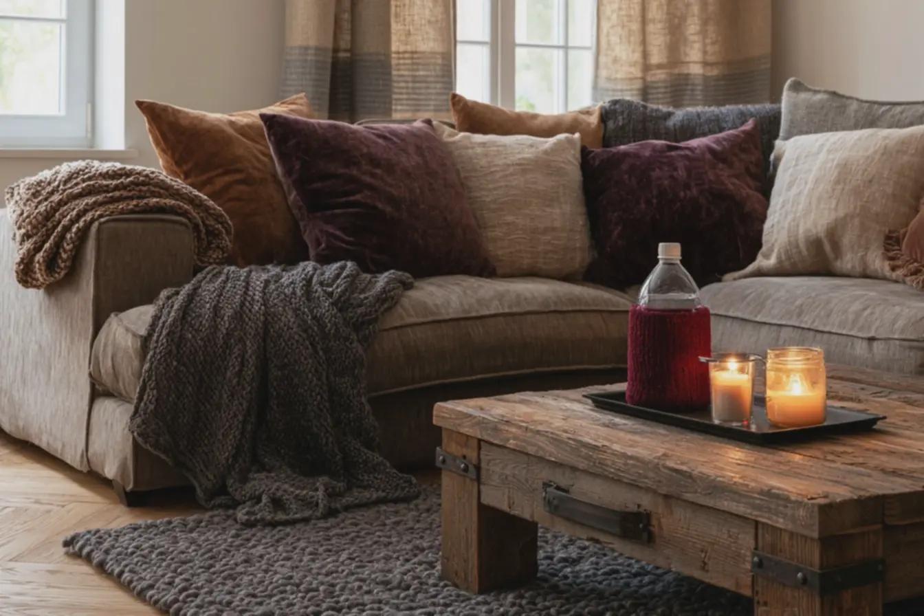 mesa-de-centro-rustica-com-garrafa-pet-reutilizada-de-agua-quente-e-vela-acesacriando-ambiente-acolhedor Decoração DIY para inverno: ideias que renovam o clima da sua casa rápido mesa-de-centro-rustica-com-garrafa-pet-reutilizada-de-agua-quente-e-vela-acesacriando-ambiente-acolhedor Decoração DIY para inverno: ideias que renovam o clima da sua casa rápido