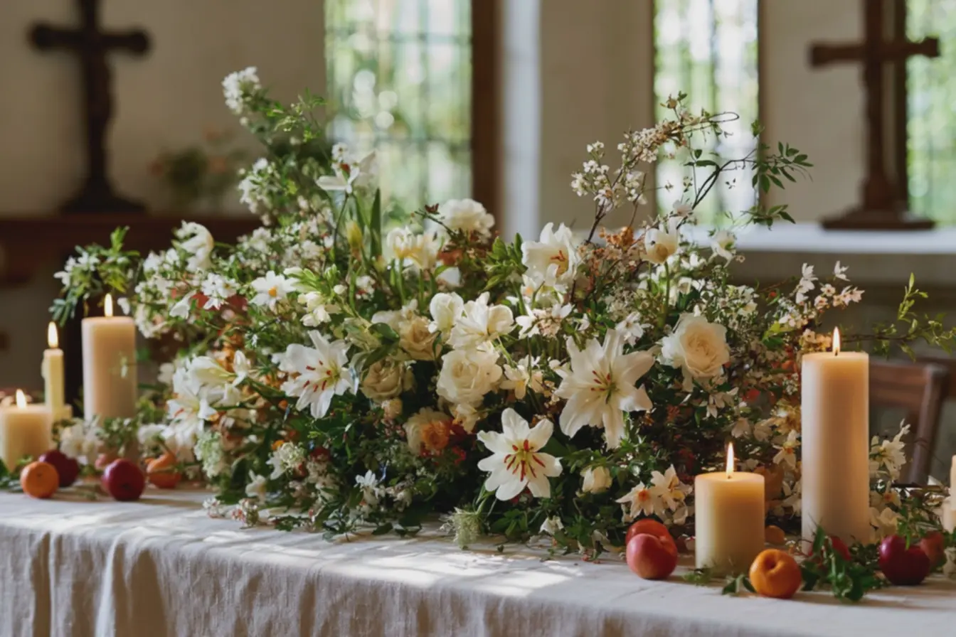 mesa-de-igreja-decorada-para-pascoa-com-toalha-branca-acetinada-e-arranjo-floralelegante Mesas de igreja por estação: arranjos e paleta de cores para cada celebração mesa-de-igreja-decorada-para-pascoa-com-toalha-branca-acetinada-e-arranjo-floralelegante Mesas de igreja por estação: arranjos e paleta de cores para cada celebração