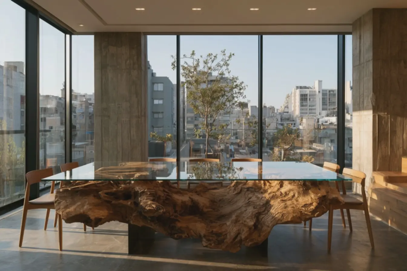 mesa-de-jantar-com-tampo-de-vidro-transparente-e-grande-raiz-de-arvore-suspensaem-estrutura-metalica Resina, vidro e metal: ideias para integrar raízes de árvores na decoração mesa-de-jantar-com-tampo-de-vidro-transparente-e-grande-raiz-de-arvore-suspensaem-estrutura-metalica Resina, vidro e metal: ideias para integrar raízes de árvores na decoração
