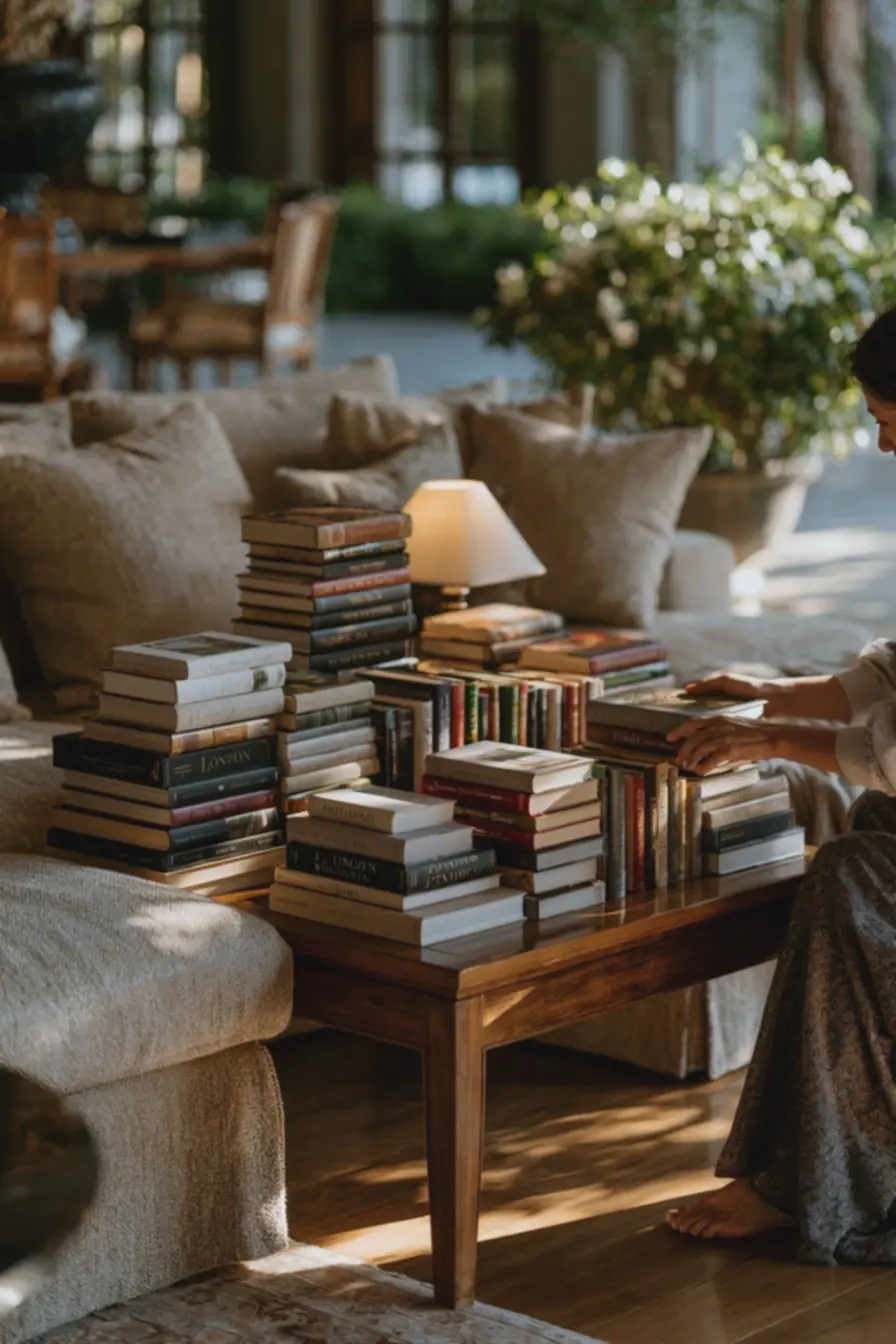 mesa-de-madeira-com-livros-desorganizados-dificultando-circulacao-visual-doambiente Erros comuns ao decorar com livros que deixam sua sala visualmente sobrecarregada mesa-de-madeira-com-livros-desorganizados-dificultando-circulacao-visual-doambiente Erros comuns ao decorar com livros que deixam sua sala visualmente sobrecarregada