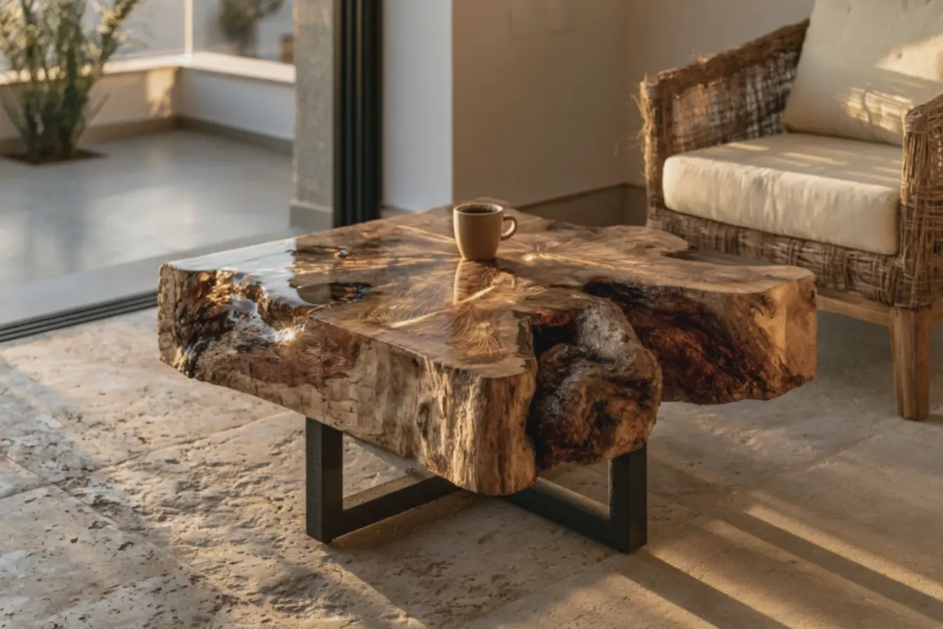 mesa-de-madeira-com-veinados-dourados-e-base-metalica-preta-fosca-ao-lado-decadeira-de-fibra-natural Raízes de árvores para decoração: mesas e banquetas lindas e cheias de estilo mesa-de-madeira-com-veinados-dourados-e-base-metalica-preta-fosca-ao-lado-decadeira-de-fibra-natural Raízes de árvores para decoração: mesas e banquetas lindas e cheias de estilo