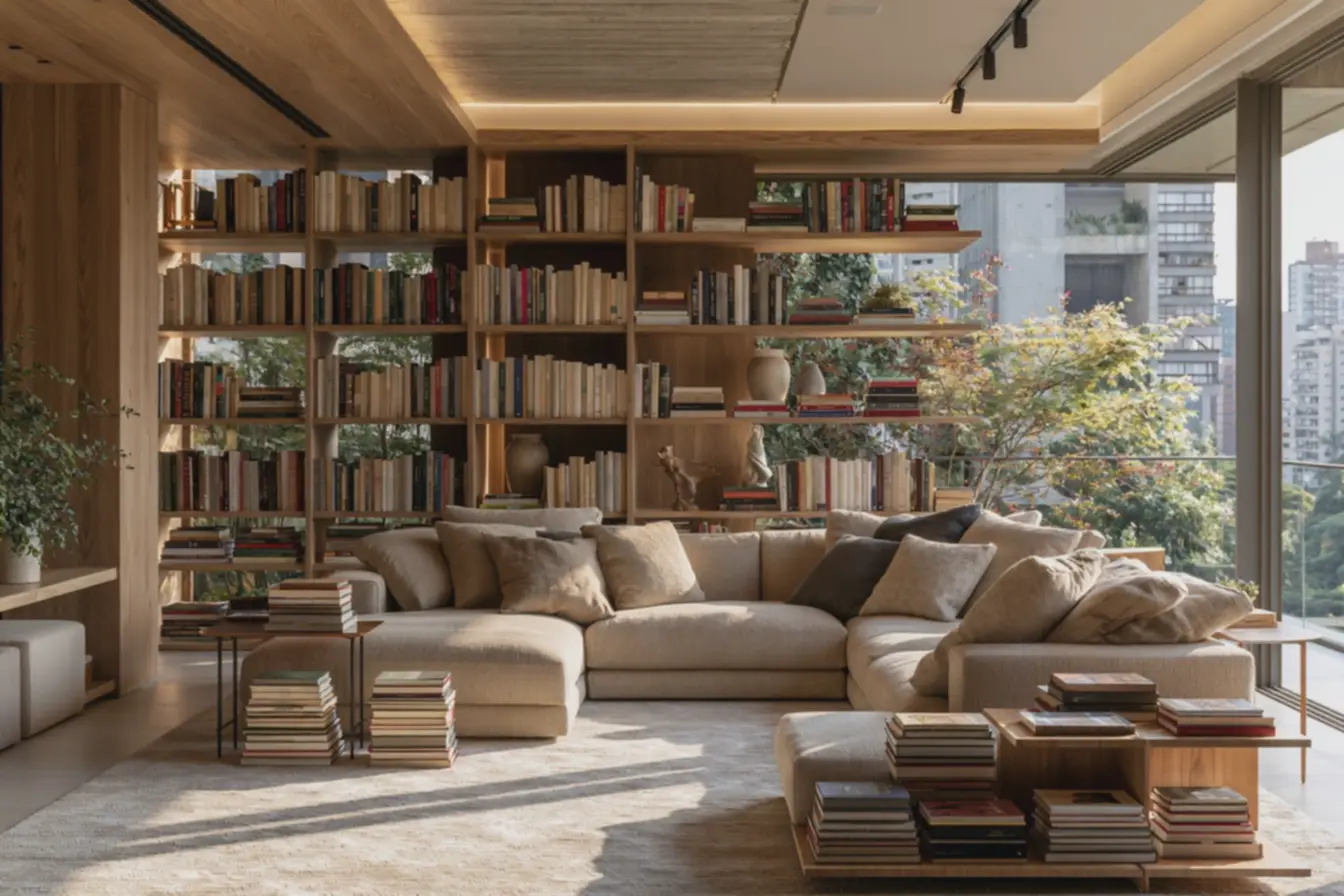 mesa-lateral-com-pilhas-de-livros-niveladas-e-objetos-decorativos-paraequilibrio-visual Erros comuns ao decorar com livros que deixam sua sala visualmente sobrecarregada mesa-lateral-com-pilhas-de-livros-niveladas-e-objetos-decorativos-paraequilibrio-visual Erros comuns ao decorar com livros que deixam sua sala visualmente sobrecarregada