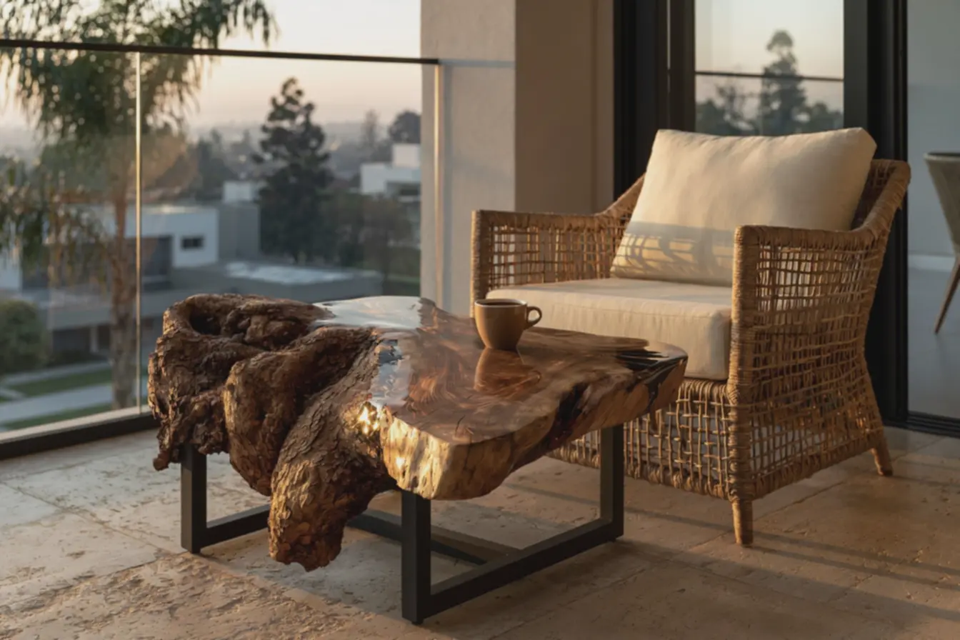 mesa-lateral-de-raiz-de-arvore-natural-com-resina-epoxi-brilhante-em-varandaresidencial-ao-entardecer Raízes de árvores para decoração: mesas e banquetas lindas e cheias de estilo mesa-lateral-de-raiz-de-arvore-natural-com-resina-epoxi-brilhante-em-varandaresidencial-ao-entardecer Raízes de árvores para decoração: mesas e banquetas lindas e cheias de estilo