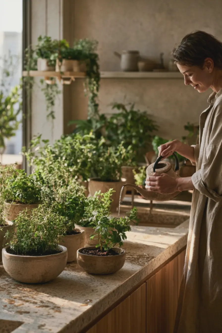 organizacao-eficiente-da-bancada-de-cozinha-com-vasos-de-ervas-frescaspreservando-espaco-para-preparo-de-alimentos Vasos, prateleiras e luz: montar uma horta prática que valoriza a bancada da cozinha organizacao-eficiente-da-bancada-de-cozinha-com-vasos-de-ervas-frescaspreservando-espaco-para-preparo-de-alimentos Vasos, prateleiras e luz: montar uma horta prática que valoriza a bancada da cozinha
