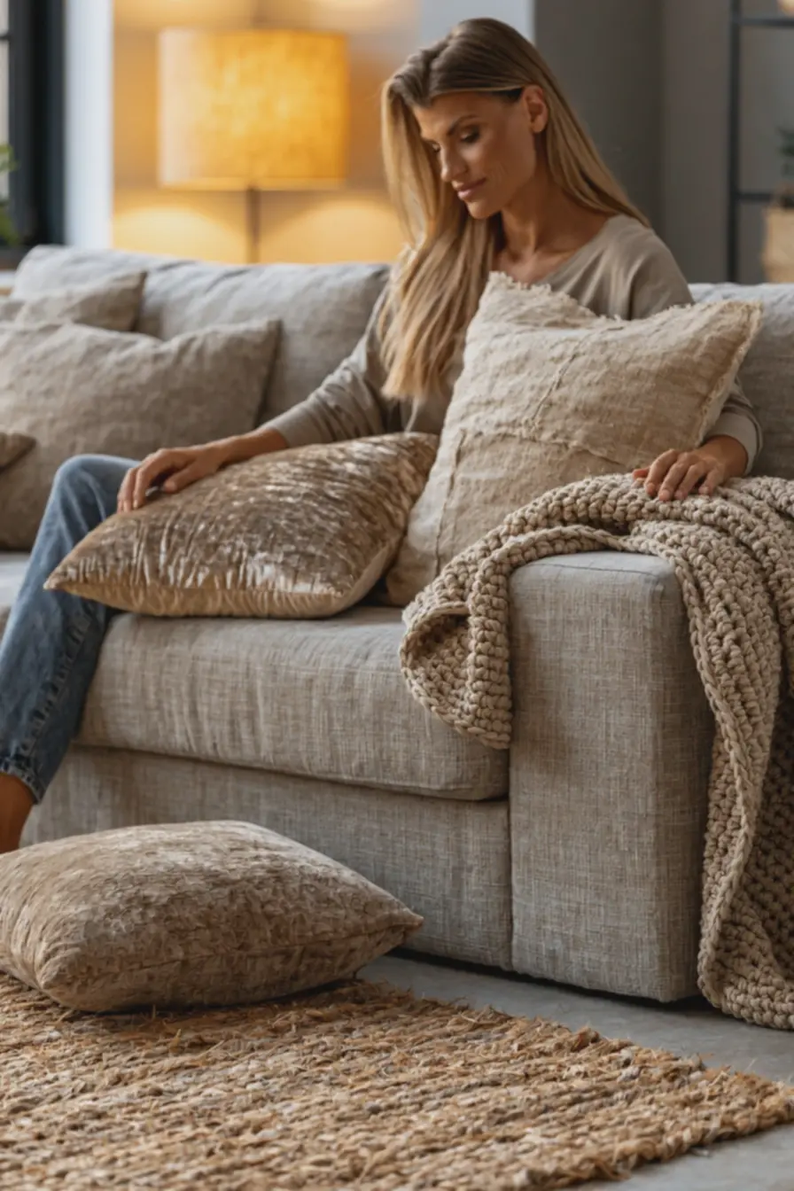 pessoa-organizando-almofadas-em-sofa-monocromatico-em-sala-aconcheganteiluminada-por-abajur Mistura de texturas baratas para dar cara nova à decoração simples pessoa-organizando-almofadas-em-sofa-monocromatico-em-sala-aconcheganteiluminada-por-abajur Mistura de texturas baratas para dar cara nova à decoração simples